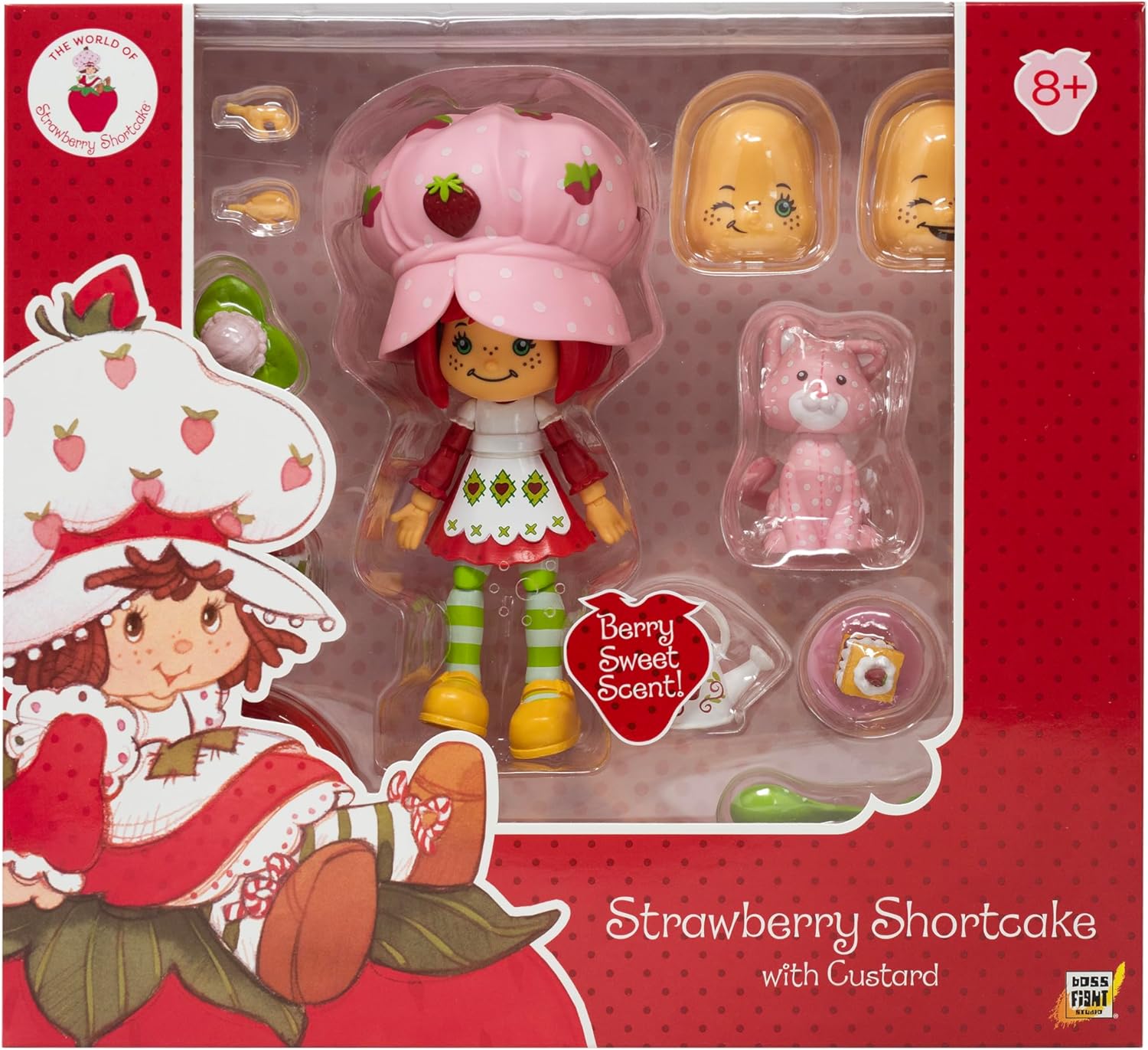 Boss Fight Studio Deluxe Strawberry Shortcake & Custard Kitten Collectible Action Figure – Highly Articulated Fruity Scented Figurine with Accessories, Interchangeable Parts, and Stand – 1:12