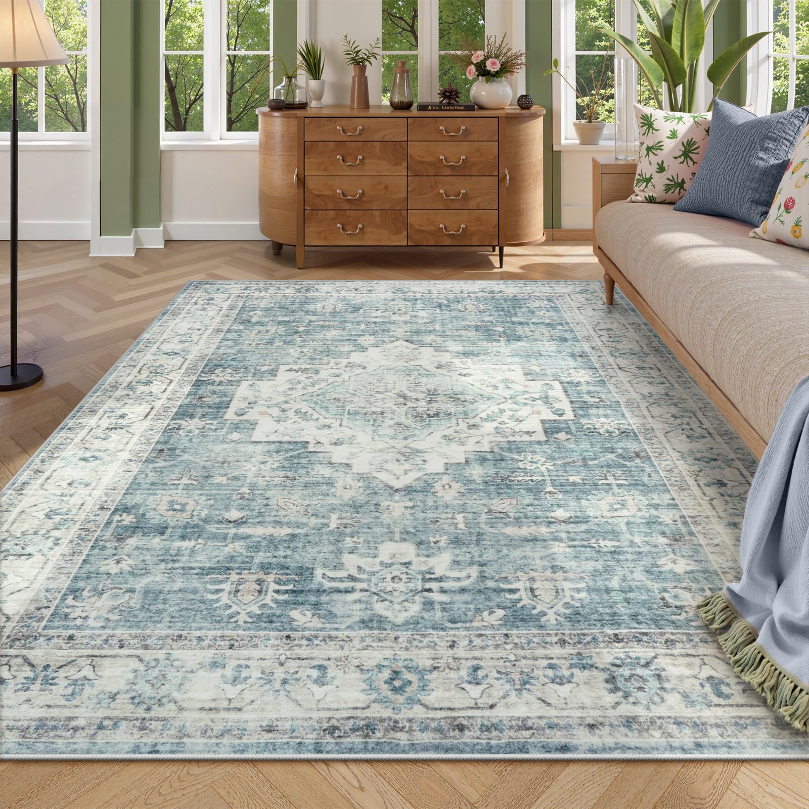 livebox washable area rug 8x10 rugs for living room bedroom, non-slip boho indoor carpet for dining room office, low-pile farmhouse soft carpets for kids nursery room playroom, blue