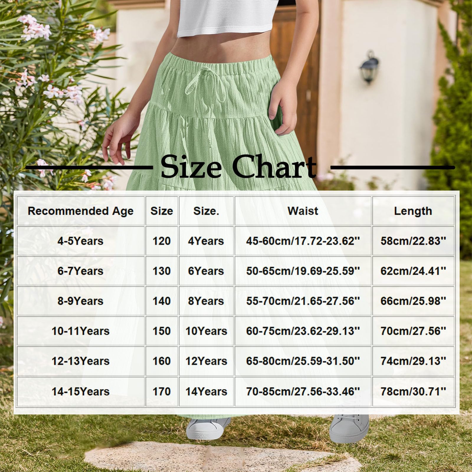 Girls Maxi Skirt Boho Casual Tiered High Waist A Line Flowy Long Skirt Kids Summer Swing Ankle Length Drawstring Skirts - 5