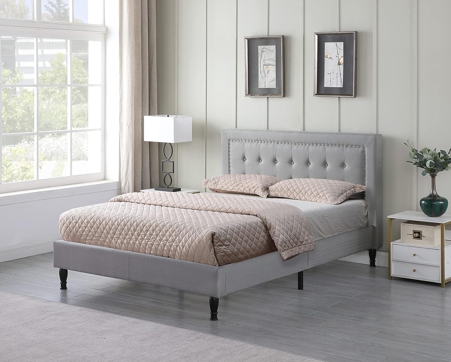 Full Upholstered Platform Bed Frame with 43.5" Tall Headboard - Button Tufted Cloth Bed - Wood Slat Support with Storage Space - No Box Spring Needed - Easy Assembly - Grey - Oliver & Smith Athena