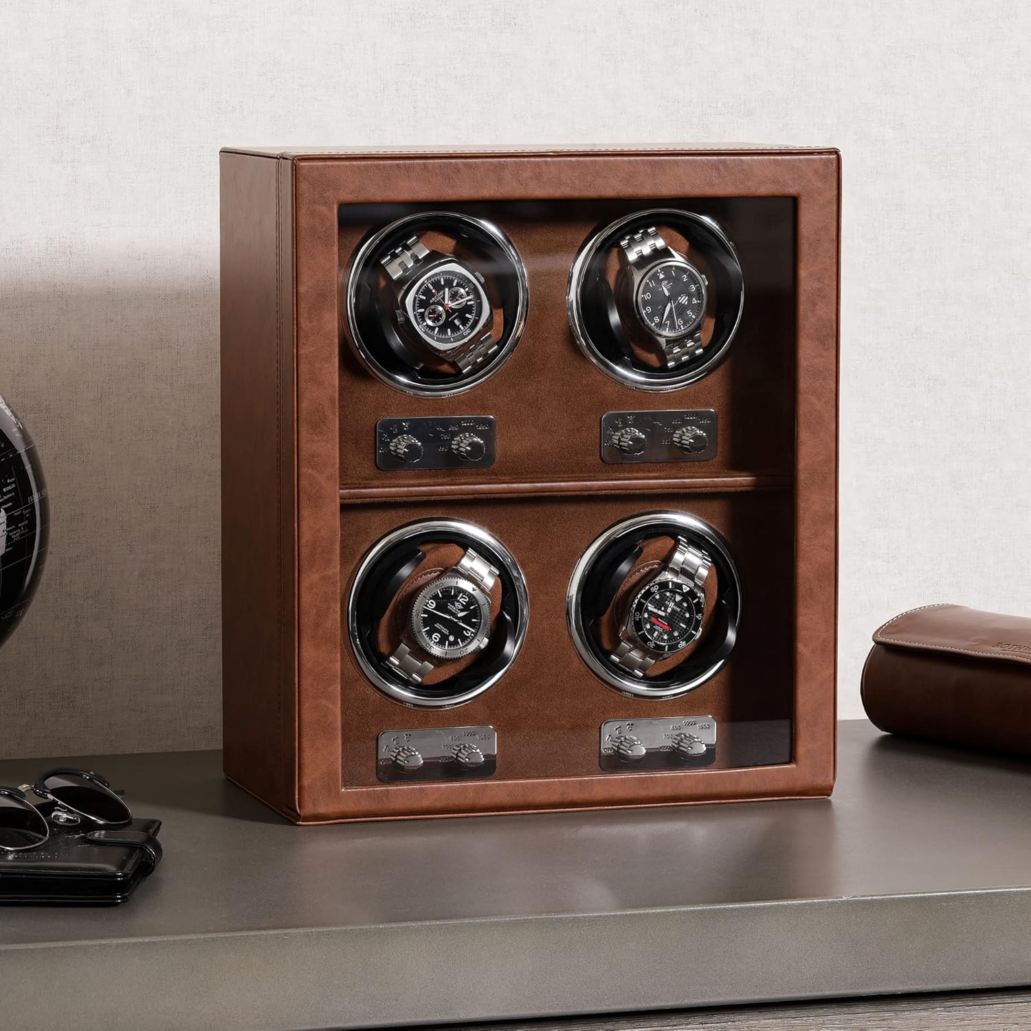ROTHWELL 4 Watch Winder for Automatic Watches with Quiet Motor with Multiple Speeds and Rotation Settings (Tan/Brown)