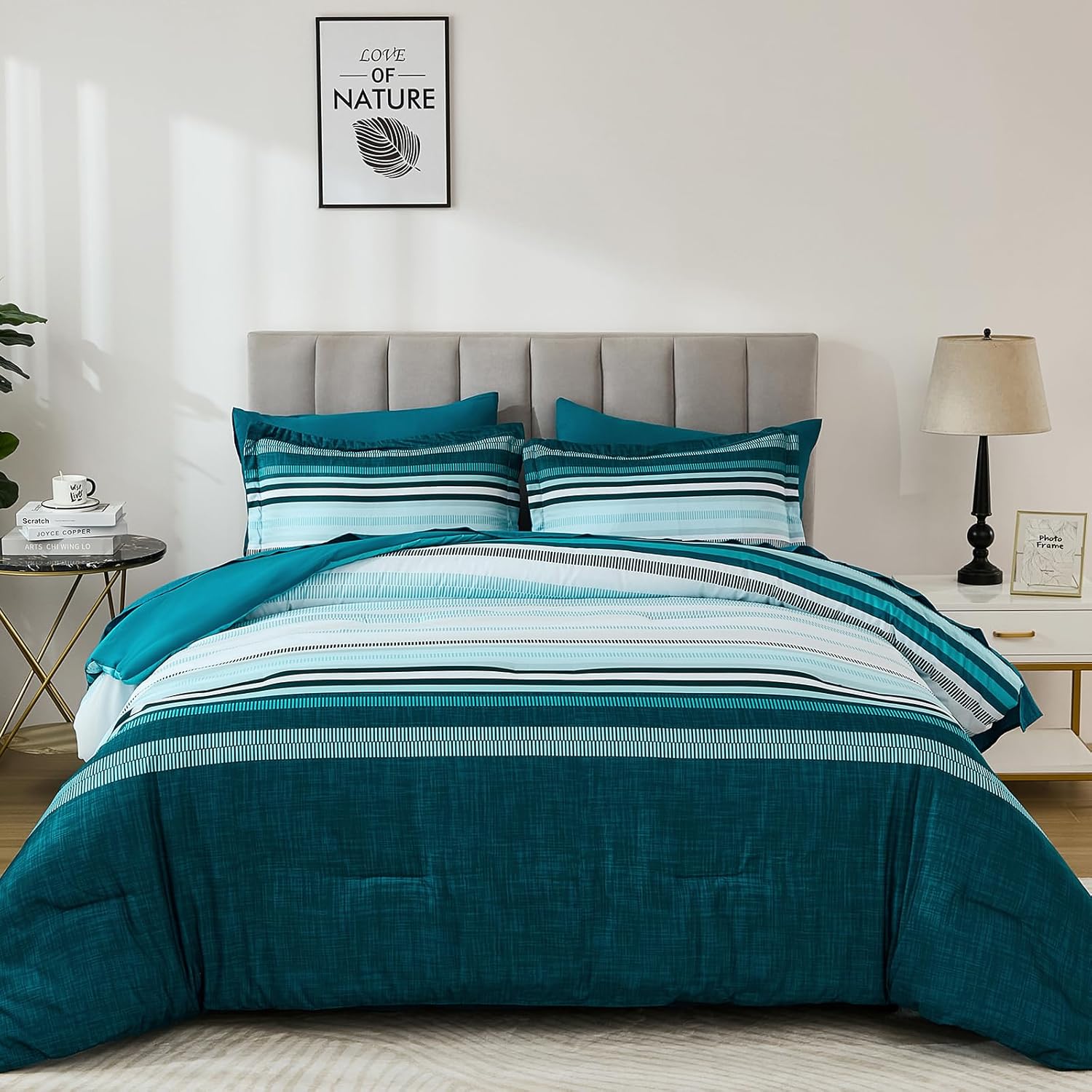 Dobuyly Teal Comforter California King Size 7 Pieces, Blue Boho Striped Bed in a Bag Set Soft Microfiber All Season Bedding Set with Comforter, Sheets, Pillowcases & Shams - Image 2