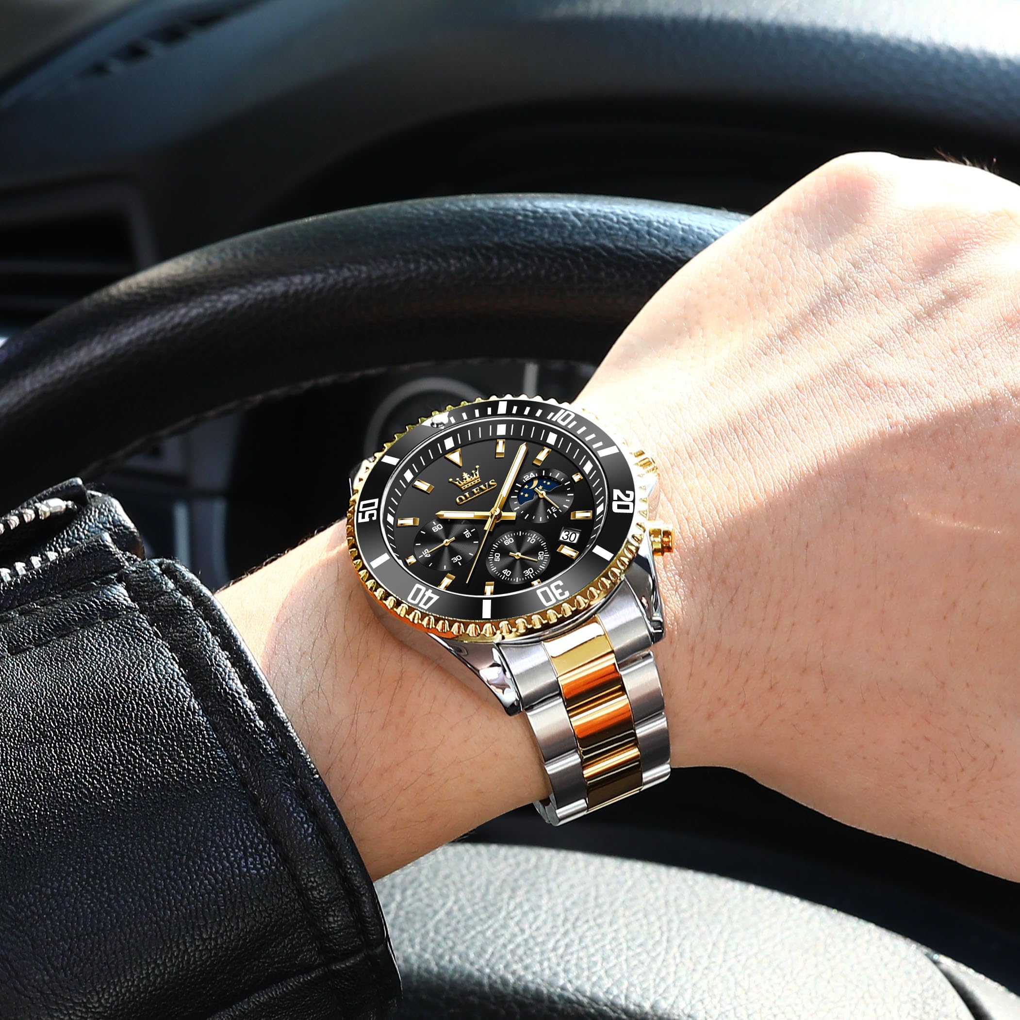 OLEVS Bicolor Armbanduhr Herren Metallarmband Mode Analog Uhren fur Männer Groß Schwarz Zifferblatt Elegante Edelstahl Herren Uhren Chronograph Leuchtend Wasserdicht Herrenuhren mit Datum Mondphase