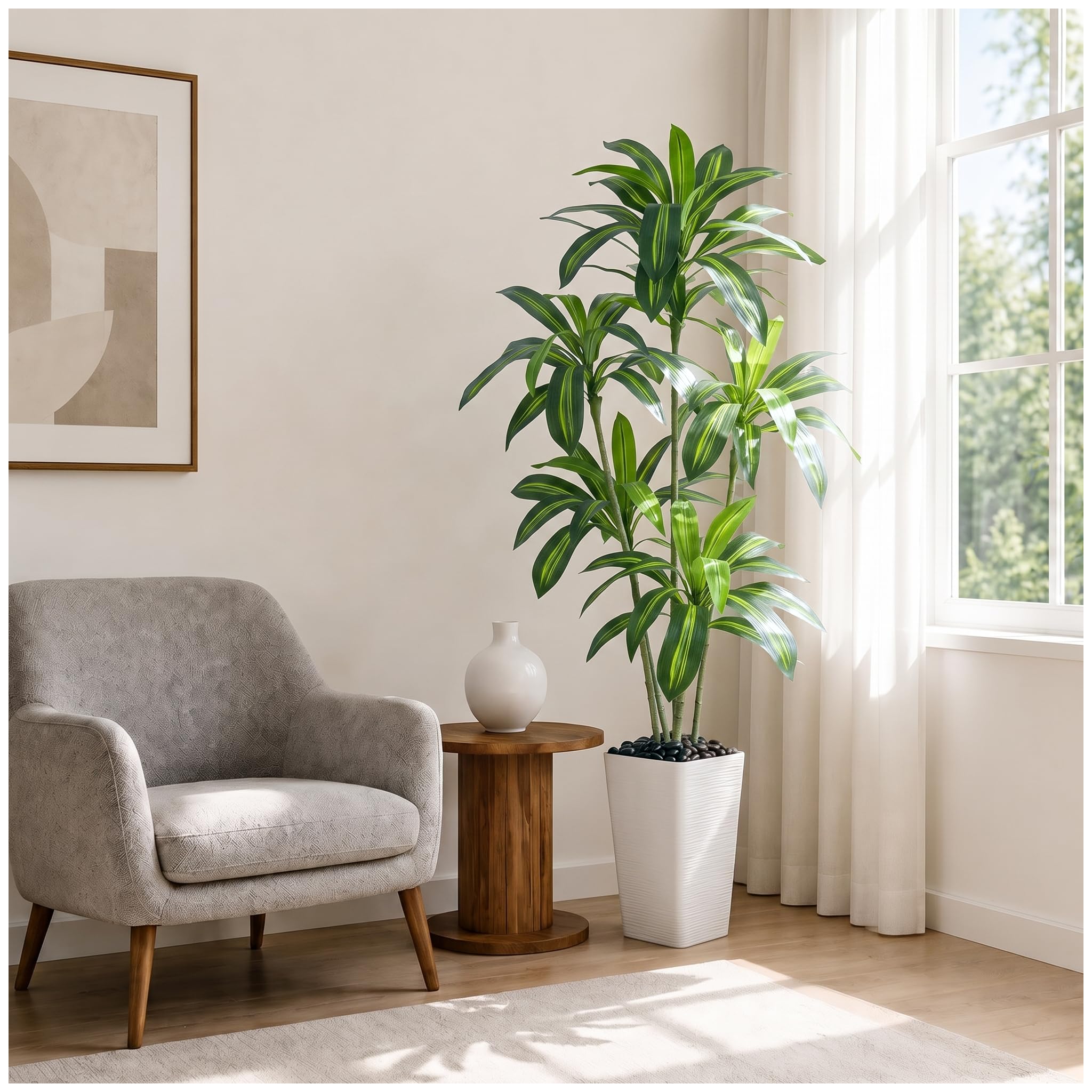 Plante Artificielle Dracaena Intérieur 180cm Arbre Artificiel Dracaena Faux Arbre en Soie avec Jardinière Blanche Faux Tropical Yucca Floor Plant pour Bureau à Domicile Décorati (1, Blanc, 180CM)