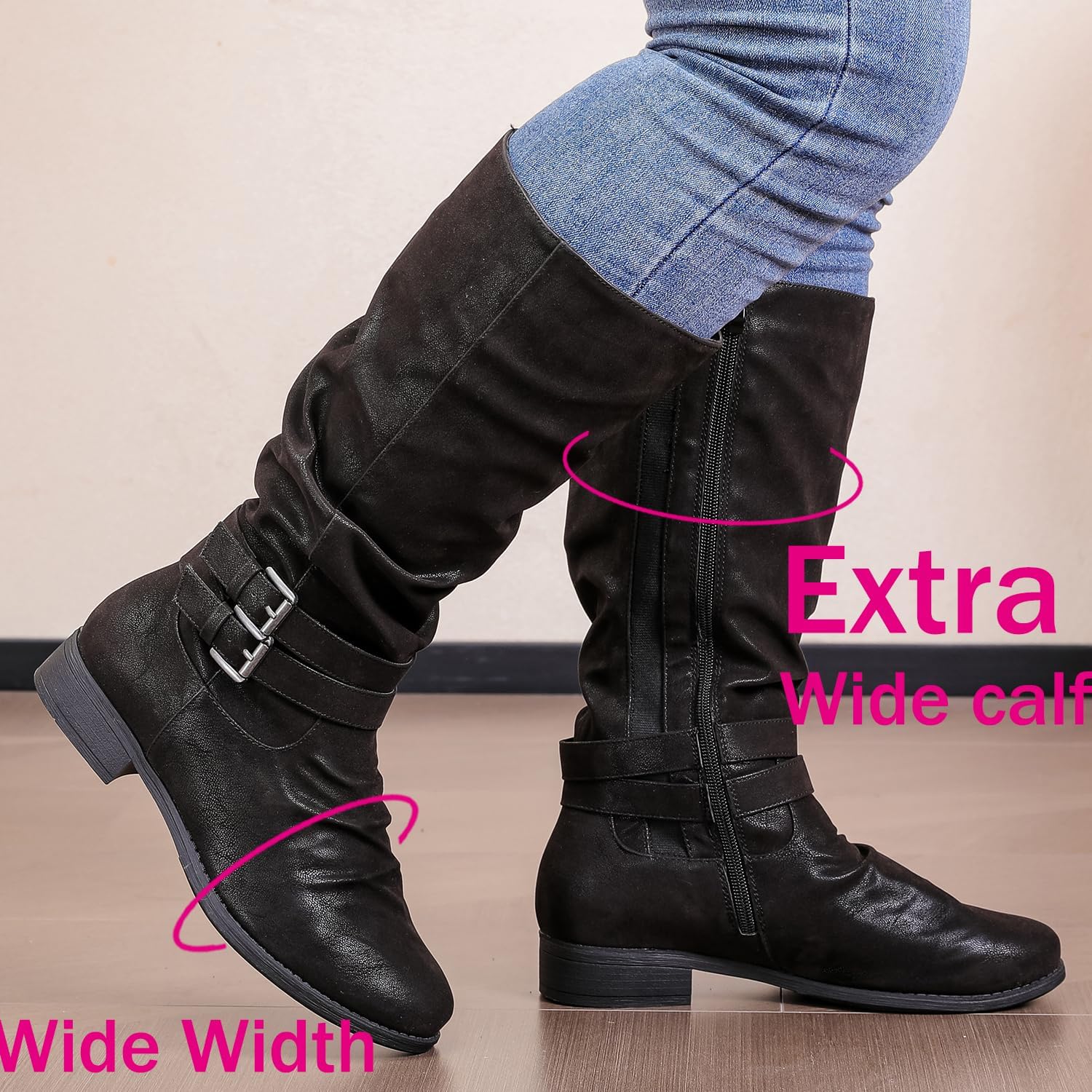 Luoika Women's Extra Wide Calf Knee High Boots, Wide Width Round-Toe Blocked Heel Winter Tall Boots. - Image 3