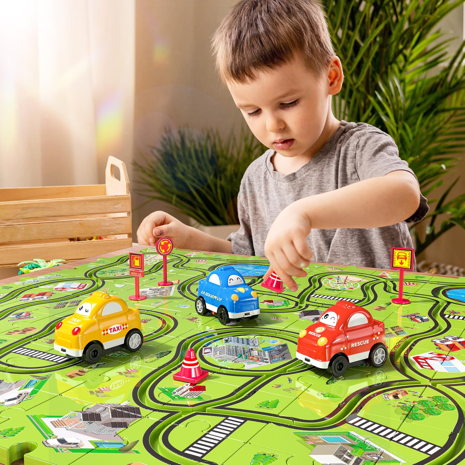 Juego de 64 piezas de coches de carreras de rompecabezas para niños de 3, 4, 5, 6 años, pistas de rompecabezas para niños de 3 a 5 años con 3 autos de juguete deslizantes, temáticos de ciudad 3