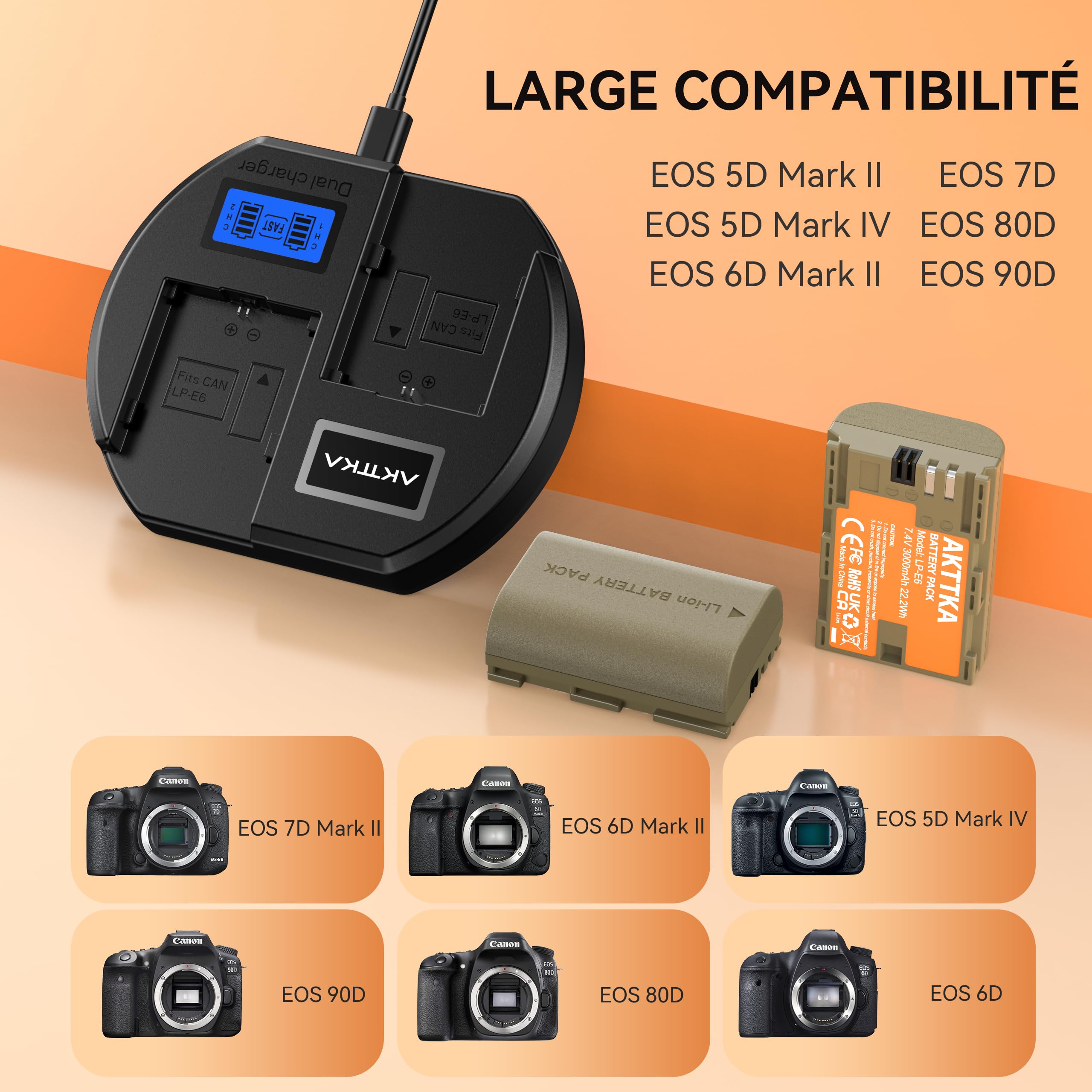LP-E6 Batterie de Rechange (2 x 3000 mAh) et Chargeur Smart LED Dual USB pour Canon LP-E6, LP-E6N et Canon EOS 5D Mark II/III/IV, 5DS, 5DS R, 6D, 7D, 7D Mark II, 60D, 70D, 80D et Plus (Noir)