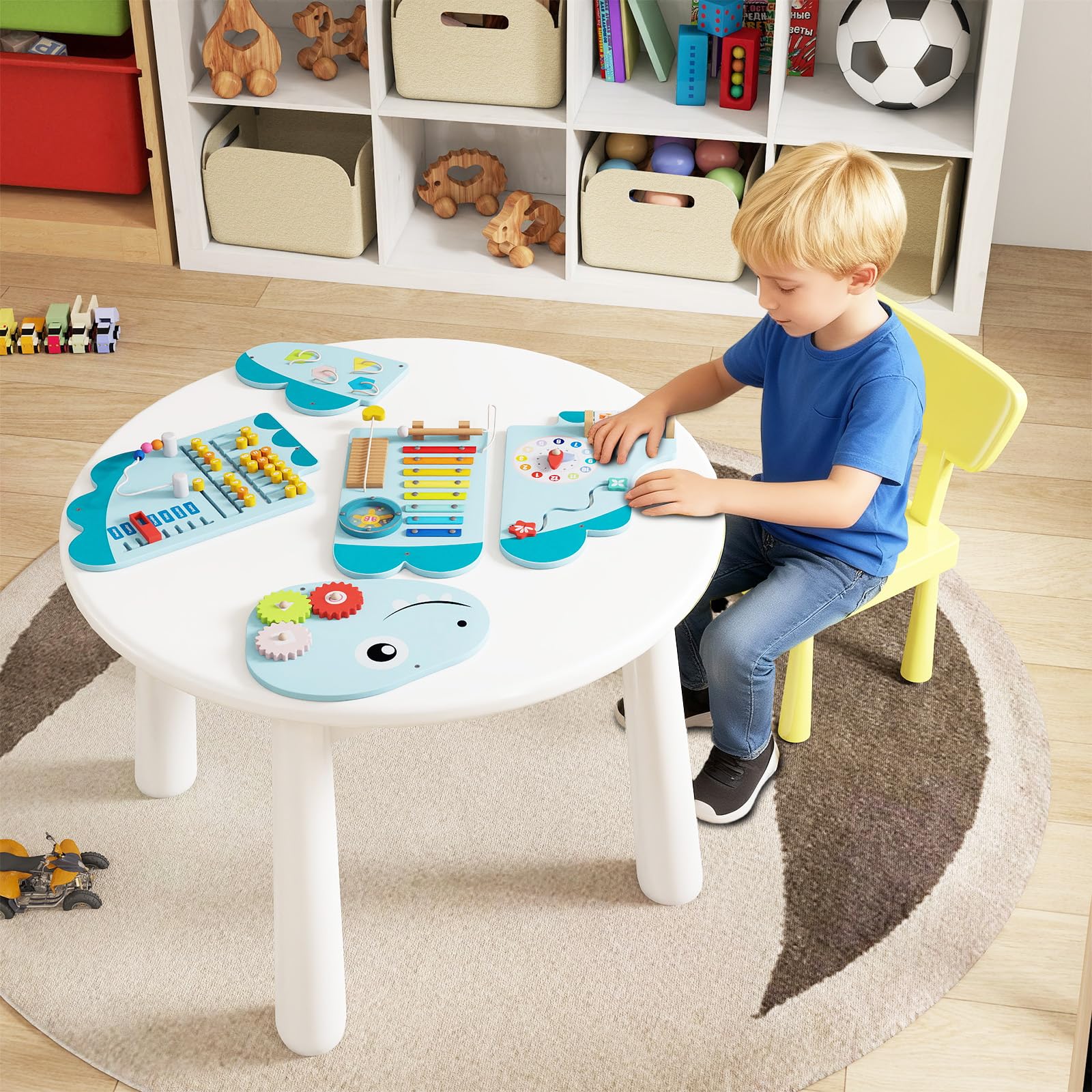 COSTWAY Montessori Motoriekbord, 11-w-1 Deska zabaw z drewna z blokami i ksylophonem oraz abakusem, zabawka Montessori, deska zabaw dla dzieci od 1 roku życia (niebieski)