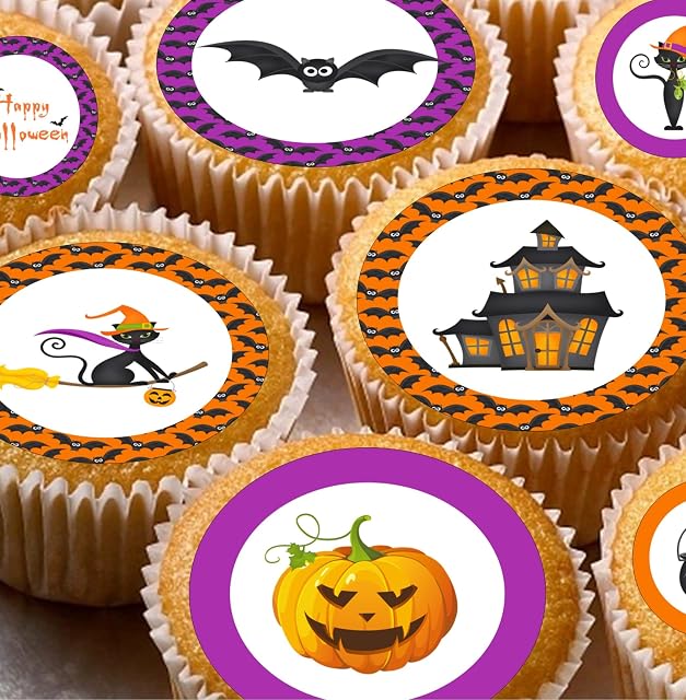 cakes 24 edible PRE CUT Halloween (framed) style kids childrens party decorations Wafer Paper Cupcake Fairy Cake Toppers, Multi