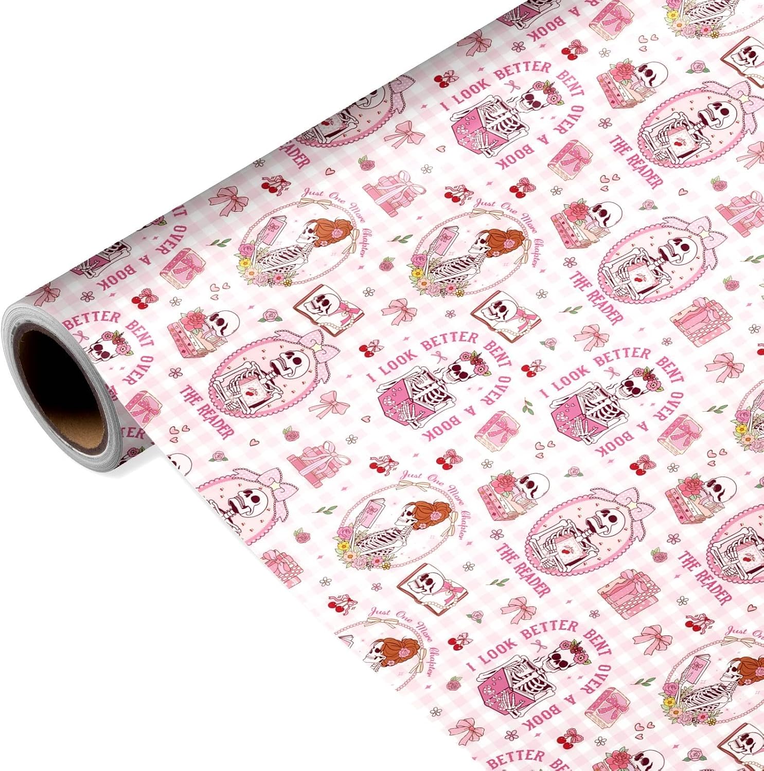 Joviwrap Pink Skeleton Book Wrapping Paper Roll for Girls Book Lovers, Funny Skull Gothic Reading Wrapping Paper for Women Goth Lover Bookish Birthday, Reading Club Party Supplies, 17 In x 16.4 Ft