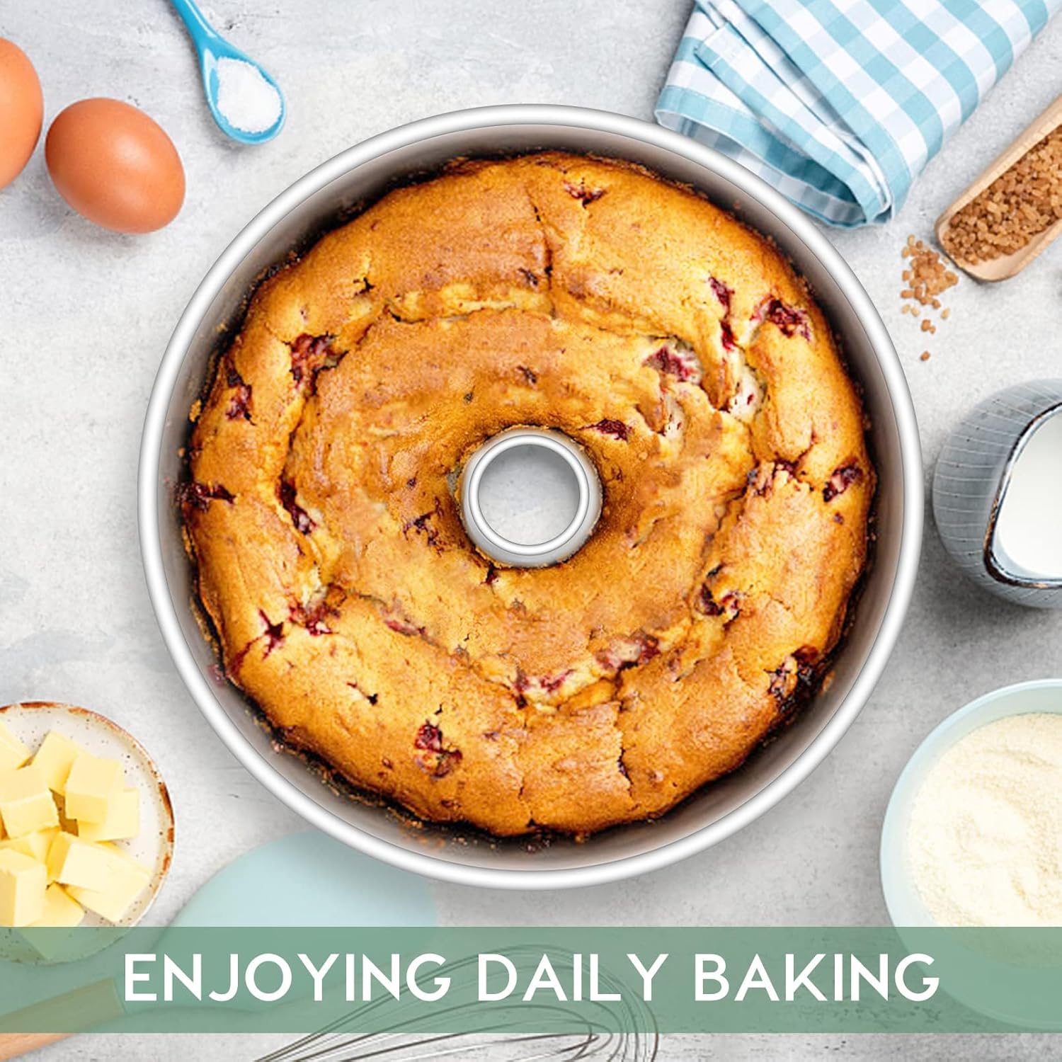 Coliware 10 inch Angel Food Cake Pan, Stainless Steel Pound Cake Pan Mold with Tube, Hollow for Home/Kitchen Baking, Healthy & Non-toxic, Durable & One-Piece, Silver