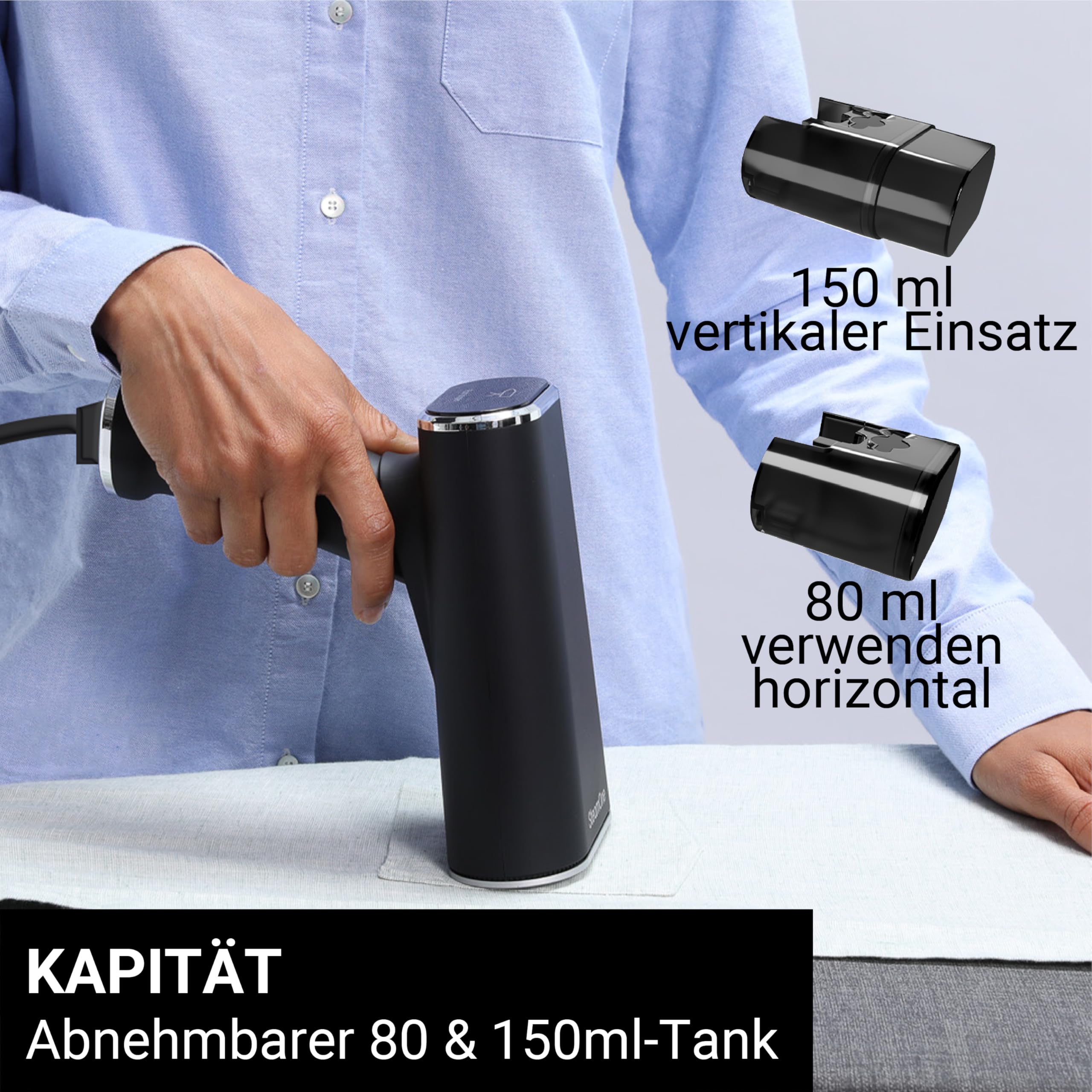 SteamOne James Faltbarer Steamer Bügeleisen Schwarz 2000W - 35g/min | Faltbarer Steamer James, 2000W, Tanks 80ml und 150ml, Vertikal und Horizontal, Einsatzbereit in 15s, EUFD80BV2