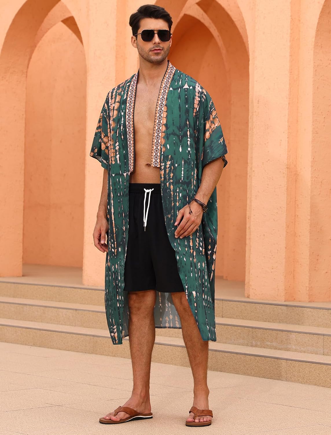 Men's Beach Open Front Cover Up Half Sleeve Floral Print Cover Up Kimono Cardigan Summre Robes Lightweight