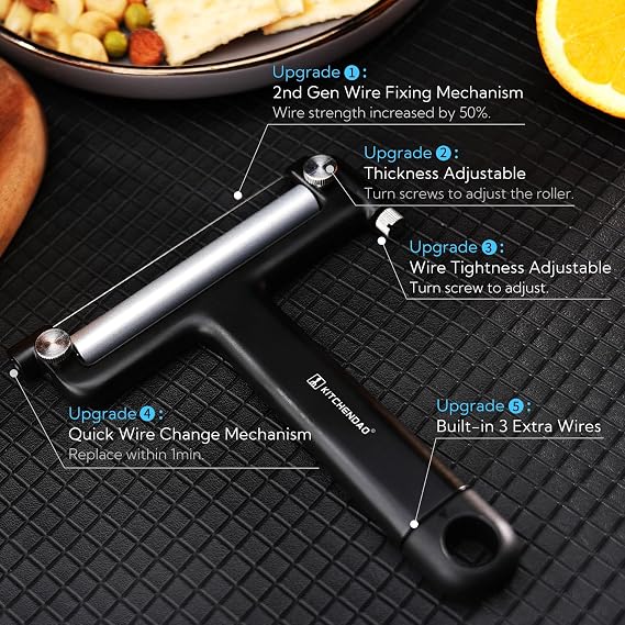 KITCHENDAO Replaceable Wire Cheese Slicer Cutter, 50% Stronger Wires with 2nd Gen Wire Fixing Mechanism, Adjustable Wire Cheese Cutter, Quick Replacet, Dishwasher Safe, with 3 Extra Wires (KD20197)