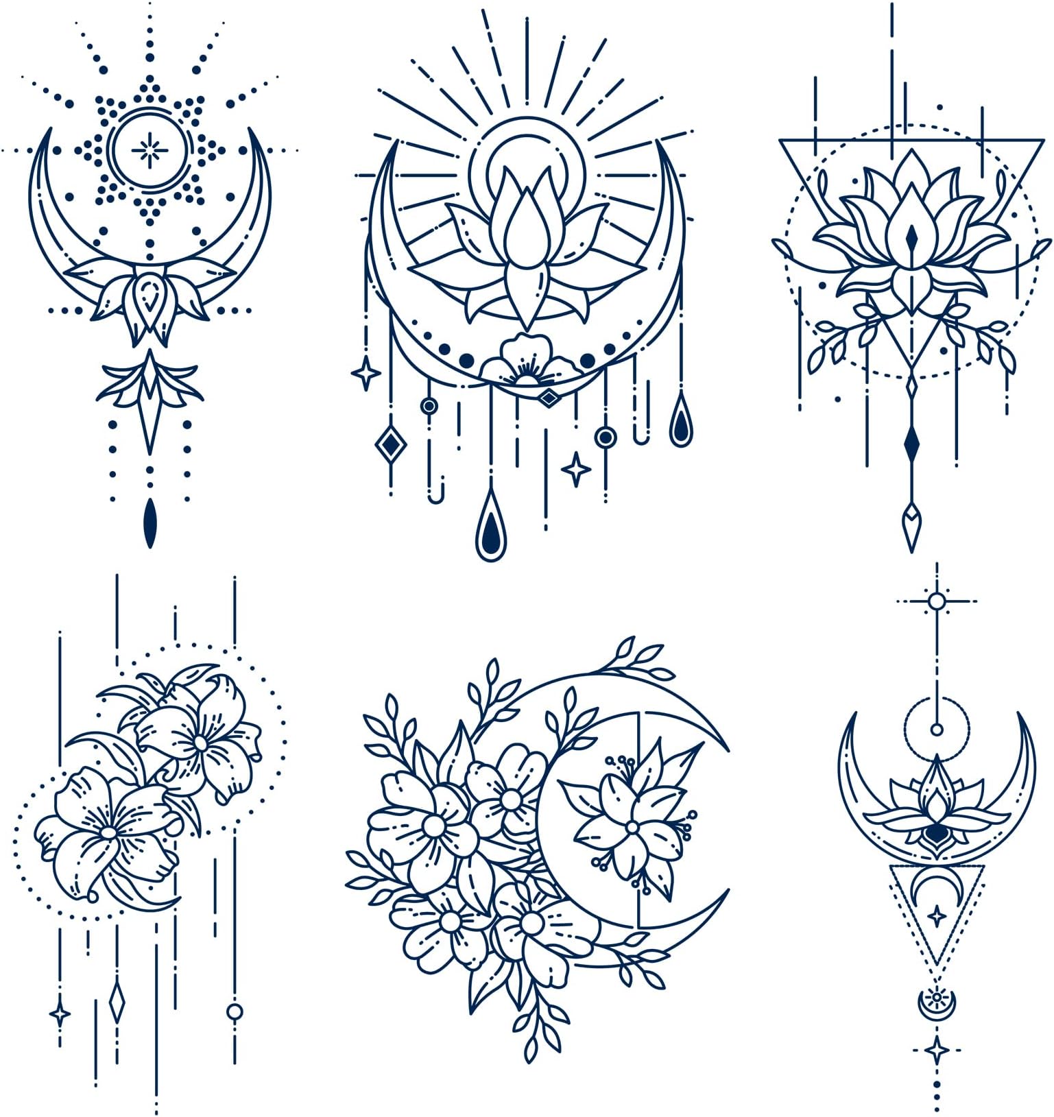 6 Temporary Tattoos for Women, Semi Permanent Black Geometry Femal Tattoos, Last 15 Days (A)