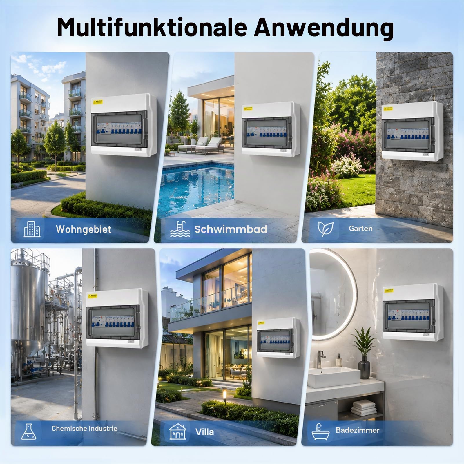 Sicherungskasten Aufputz IP65 mit FI-Schutzschalter, Verteilerkasten Aufputz 125A Hauptschalter, 2x C16A 3x C10A 4x C6A