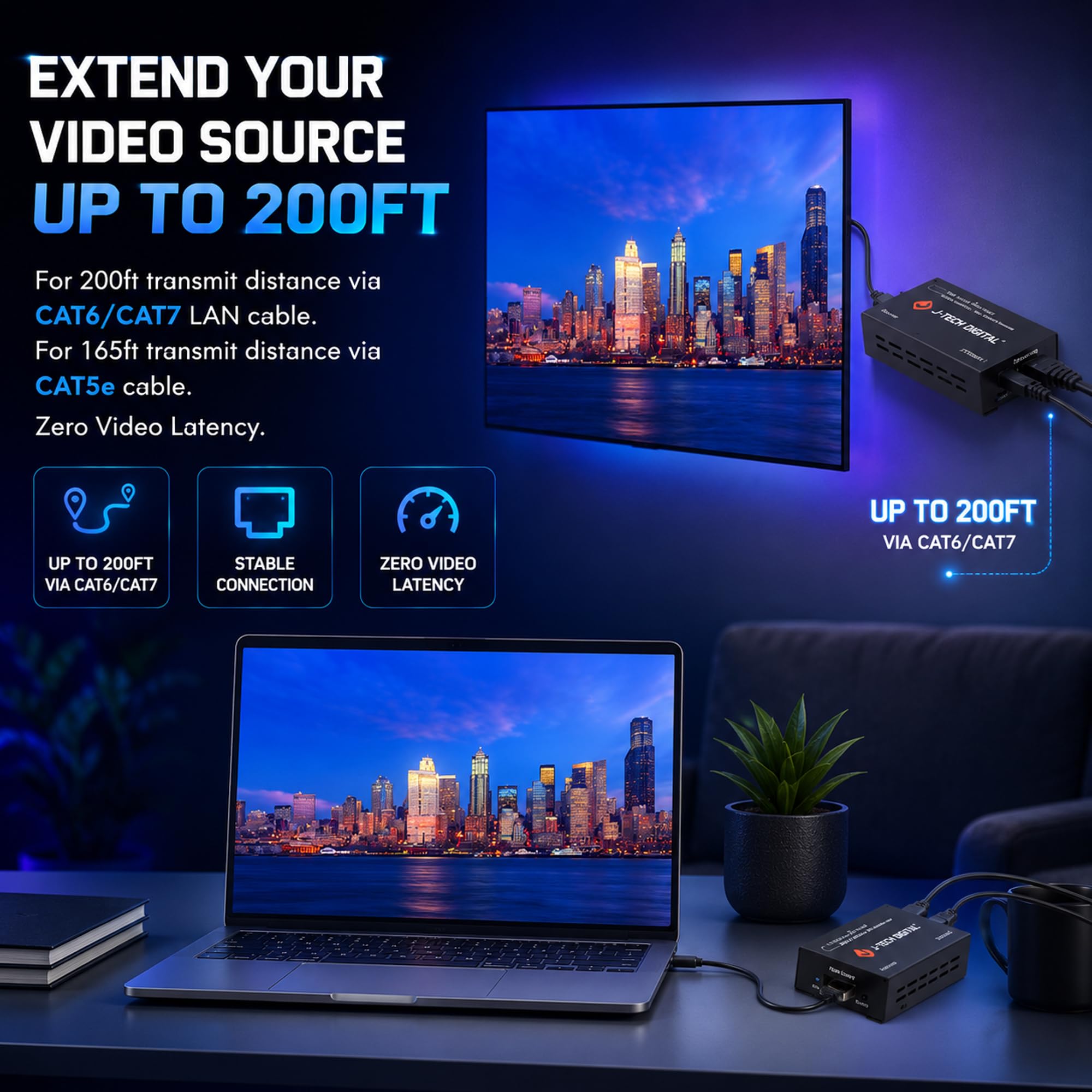 J-Tech Digital HDMI Extender over cat5e/6 1080P@200ft HDMI Balun Over Single Ethernet Supports EDID Copy Compatible with Dolby Digital DTS — Amazon image 6