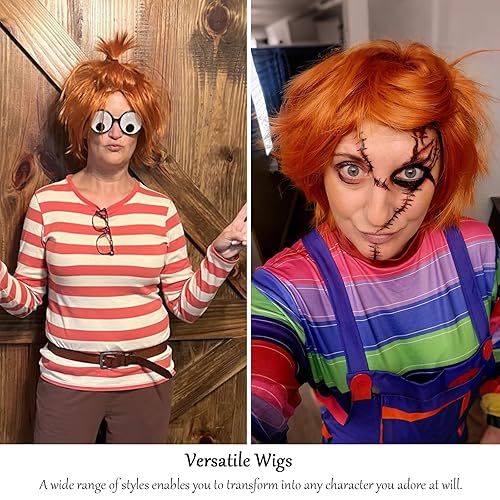 Miniatura 4 de Rose bud Peluca de anime de Halloween naranja oscuro para fiesta de cosplay, pelucas de pelo corto sintético en capas con flequillo, pelucas pastel