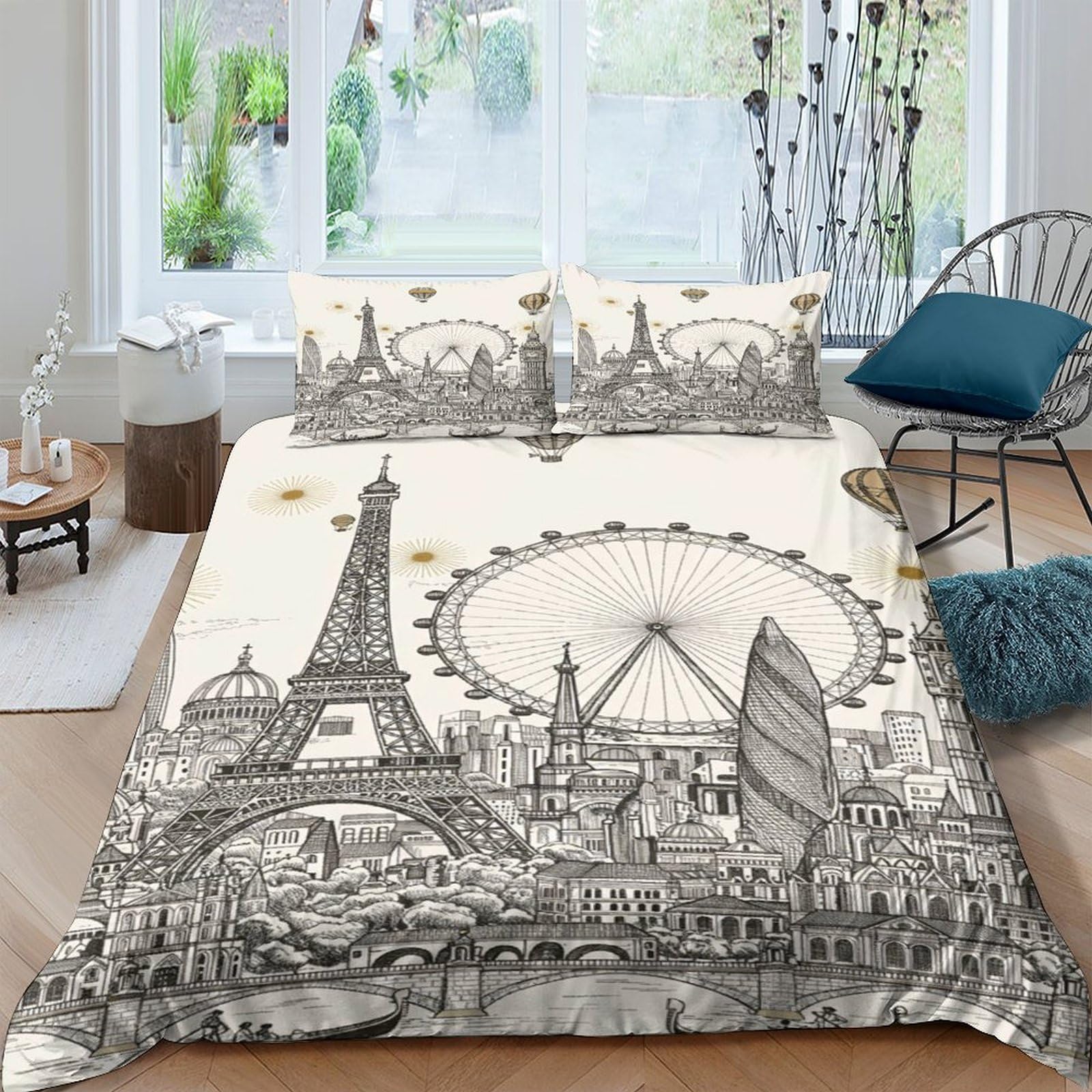 GPLZQXKJNH 3D Printed Paris London Cityscape Duvet Cover Microfiber Soft Breathable Skyline Bedding Set with 2 Pillowcases for Bedroom Decor Single（135x200cm）