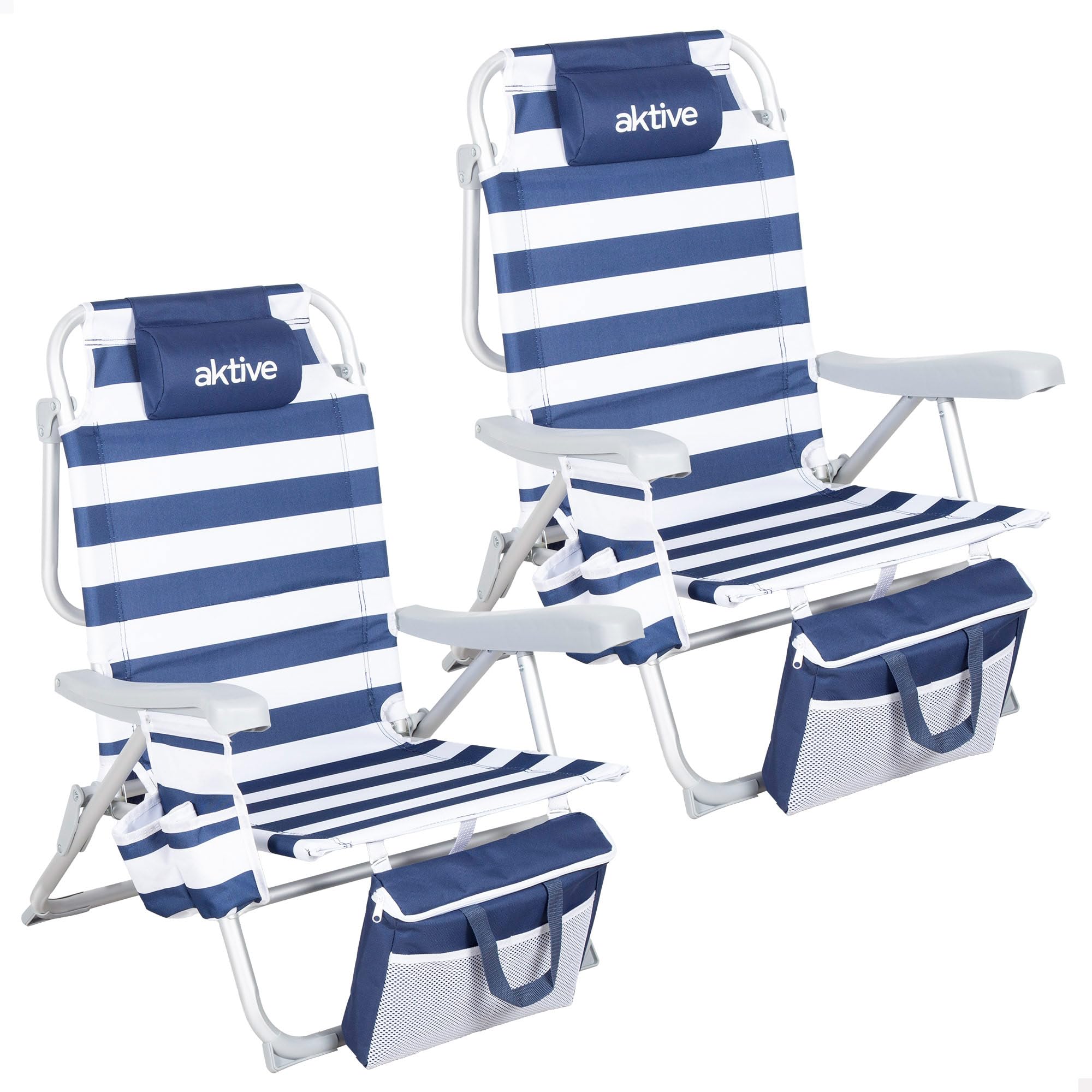 AKTIVE Pack 2 sillas Playa, 48x58x80 cm, 5 Posiciones, Rayas marineras, Peso soportado por Silla 110 kg, Cojín, Bolsillos, Posavasos Laterales, Nevera incorporada, Asas Mochila (85540)