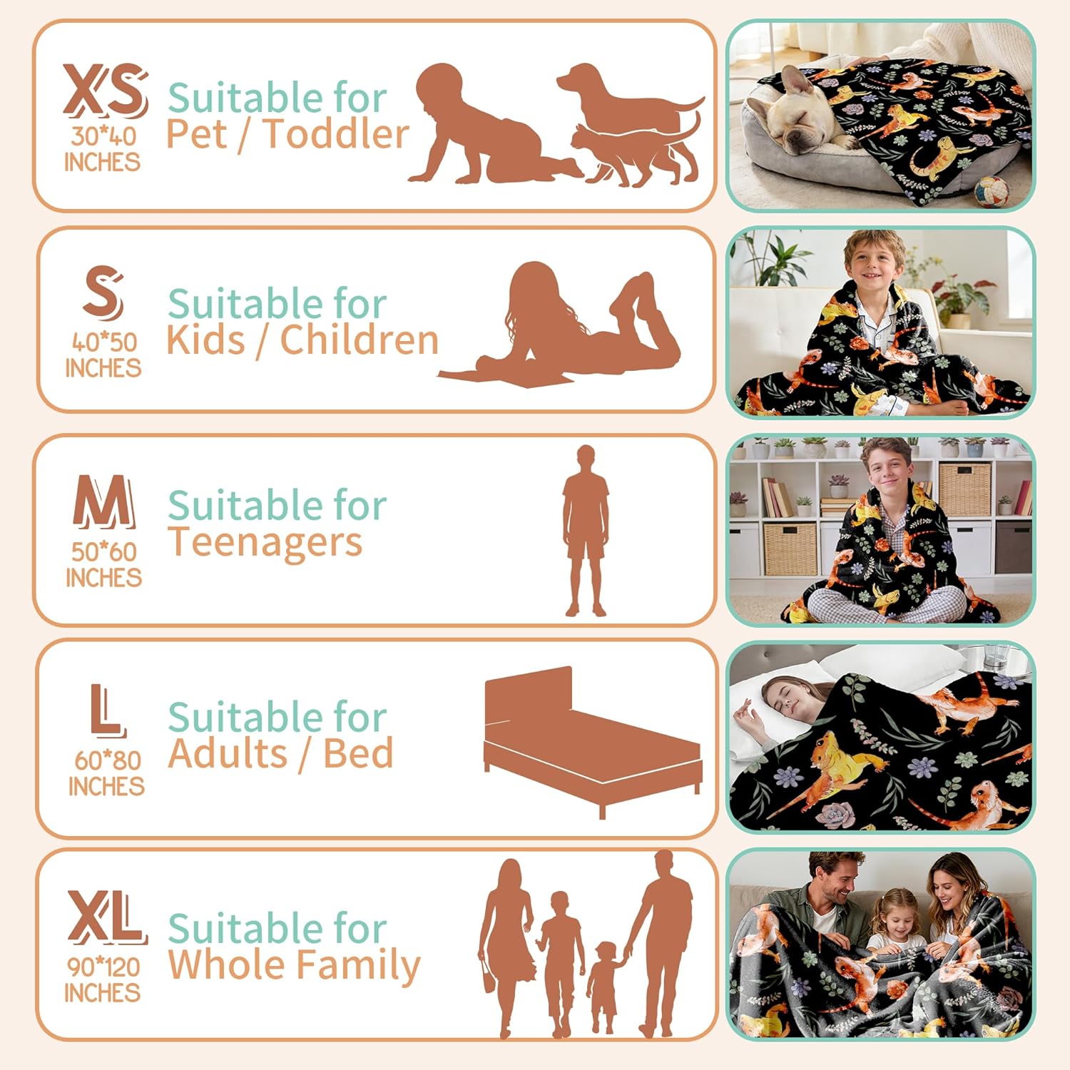 Bearded Dragons Blanket, Bearded Dragon Themed Gifts,Soft Plush Flannel Lizard Throw Blanket for Kids Adults, Reptile Blankets for Boys Girls,Reptile Decoration Accessories for Room,40" x 50" - Image 7