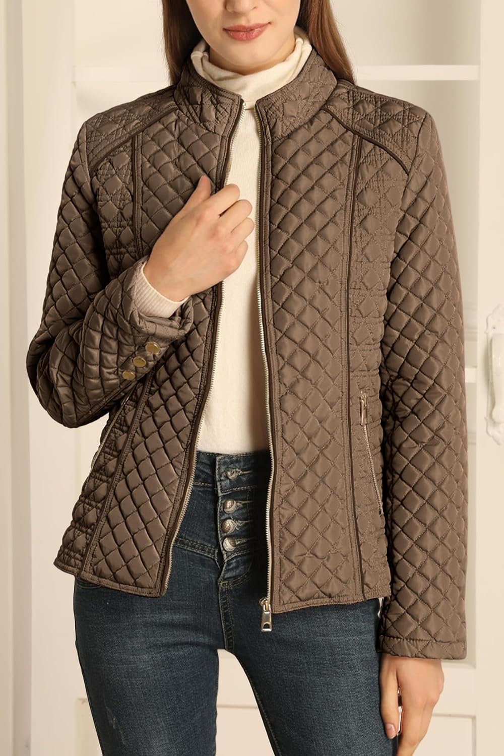 Bellivera Women's Stand Collar Lightweight Quilted Puffer Jacket Padded Zip Coat for Spring and Winter - Image 6