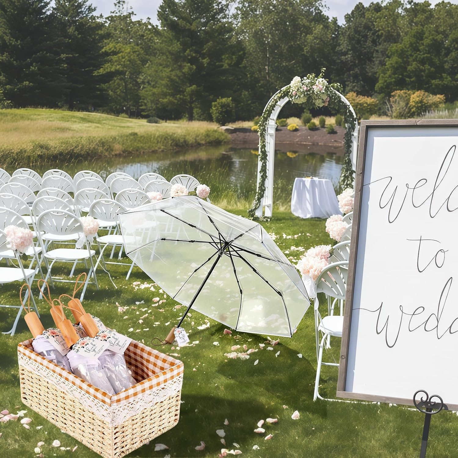 Clear Wedding Umbrellas Bulk Transparent Portable Folding Umbrella with Card for Rain Travel Dating Outdoor Events Party
