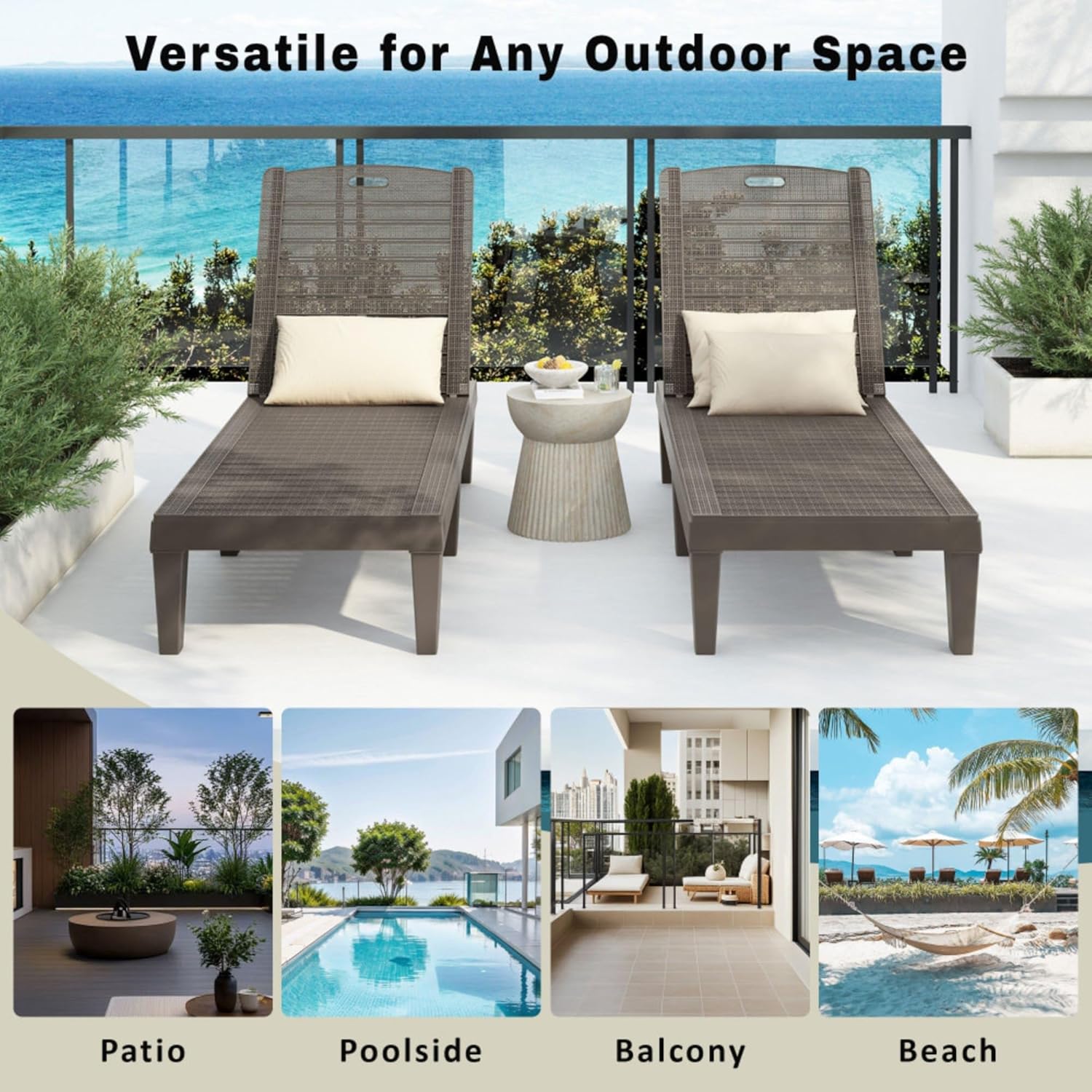 Dual All-Weather Adjustable Chaise Lounge Set – Polypropylene Resin Poolside Sunbeds with 5-Position Reclining Backrests, Portable Patio Relaxation Chairs (Light Brown)