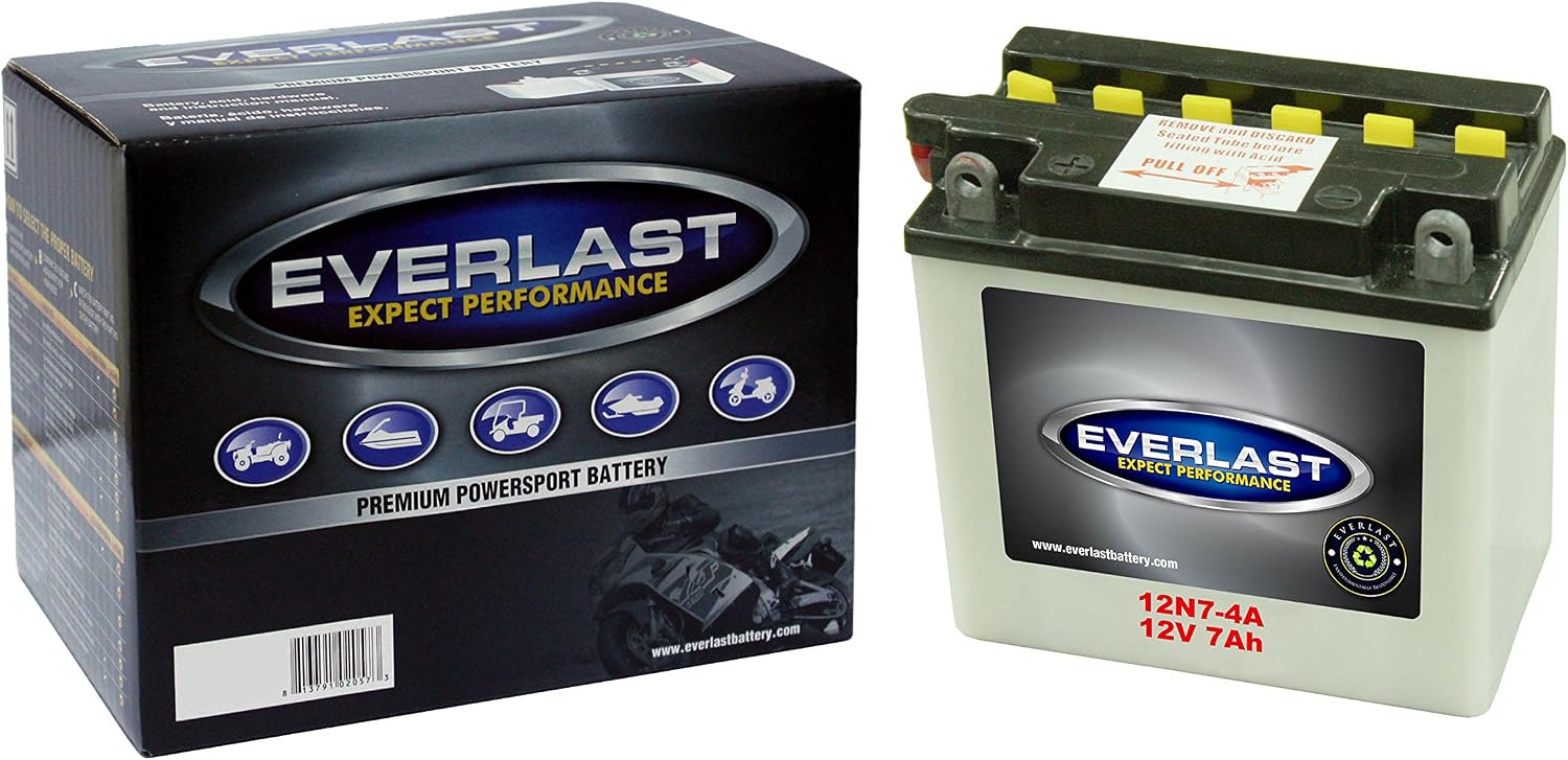 EverLast Battery - 12N7-4A - 12 Volt, Conventional Battery with Acid Pack -5 3/8 L X 3 W X 5 1/4 H