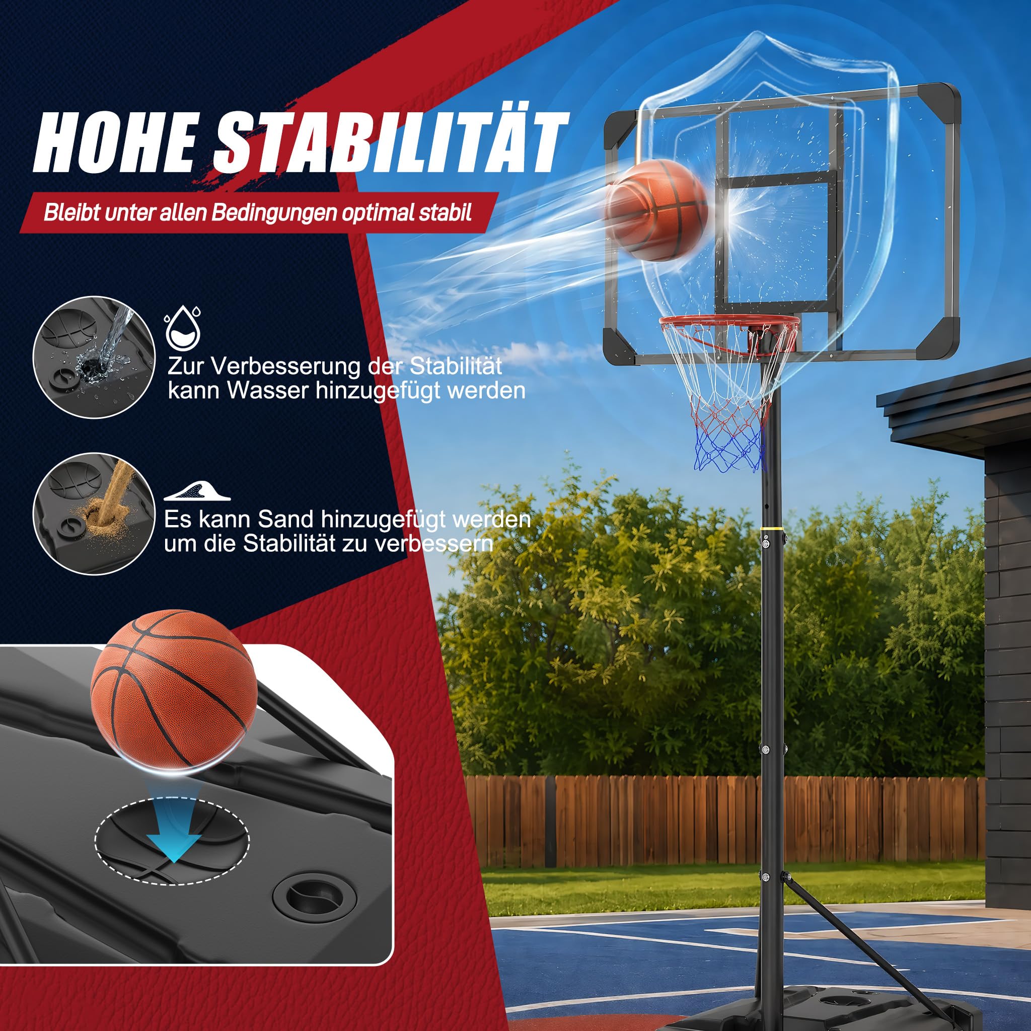 YRHome Basketballkorb PE-Rahmen Outdoor Basketballkorb Nachfüllbare Basis Basketballständer 150-260cm höhenverstellbar mit eingebaute Räder Für Erwachsene