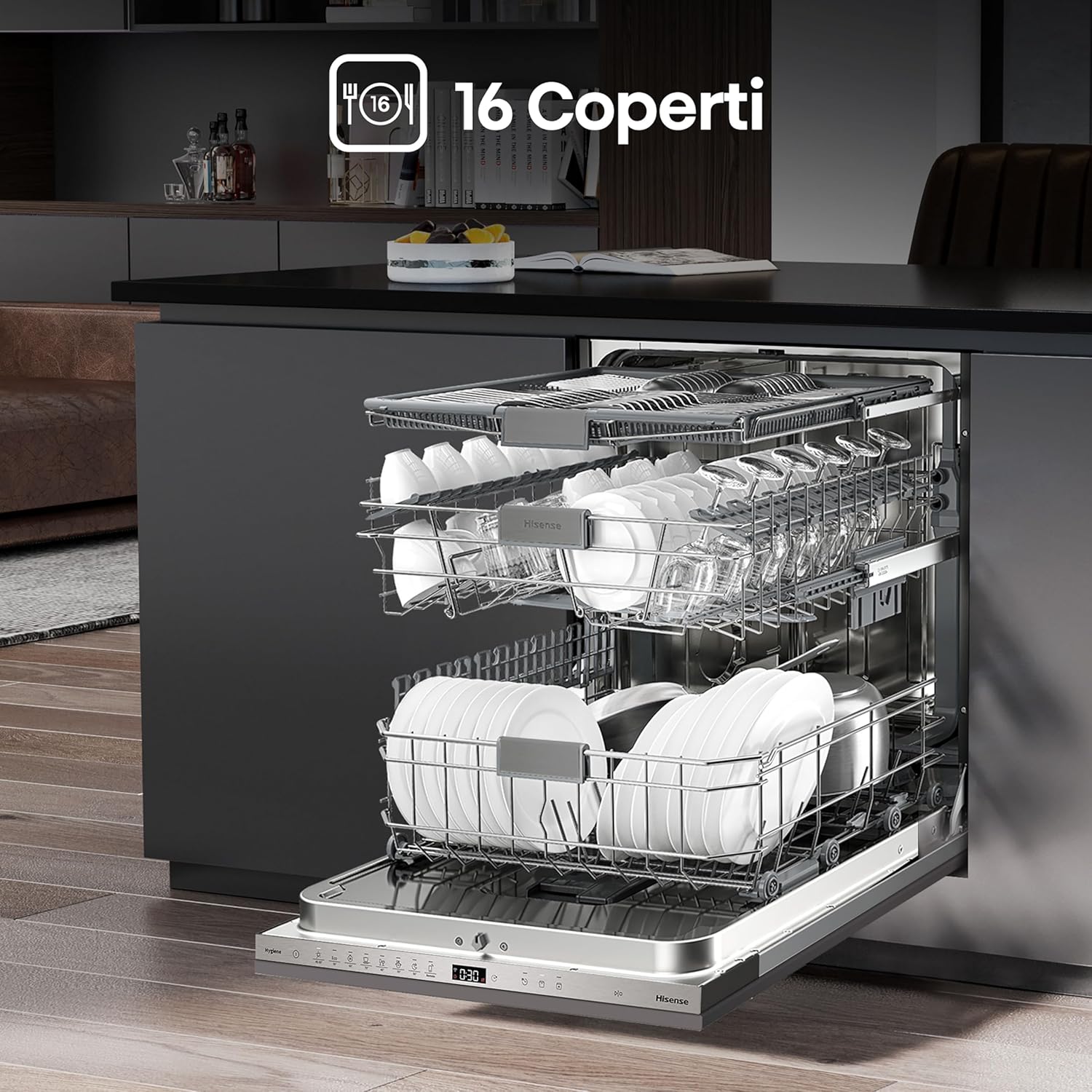 Hisense HV673B60 Dishwasher loaded with 16 place settings