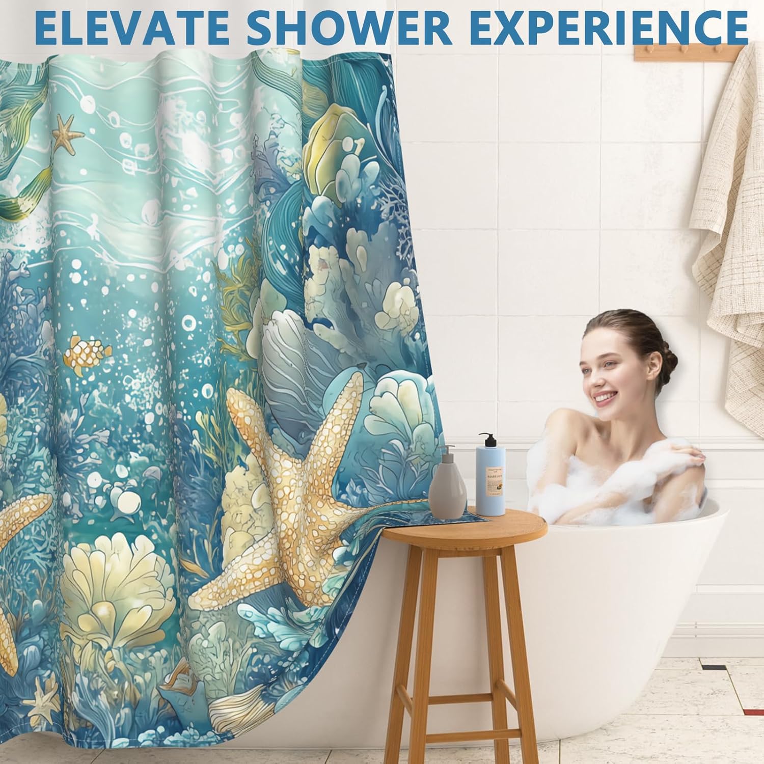 Ocean Theme No Hook Shower Curtain with Snap in Liner, Double-Layer Waterproof Shower Curtains with Mesh Top Window and Weighted Hem, Starfish Coastal Shower Curtain for Bathroom Decor, 71x74 Inches