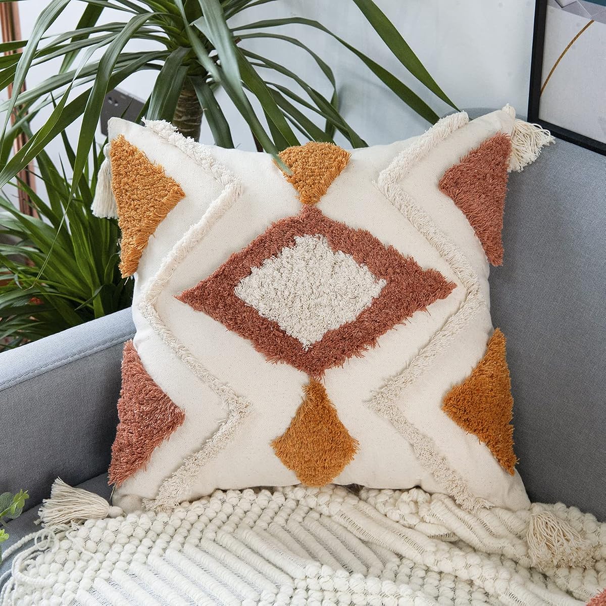 Fundas de almohada bohemias de 18.0 x 18.0 in, fundas de almohada decorativas con borlas tejidas, fundas de almohada bohemias para sofá, dormitorio, sala de estar (naranja)