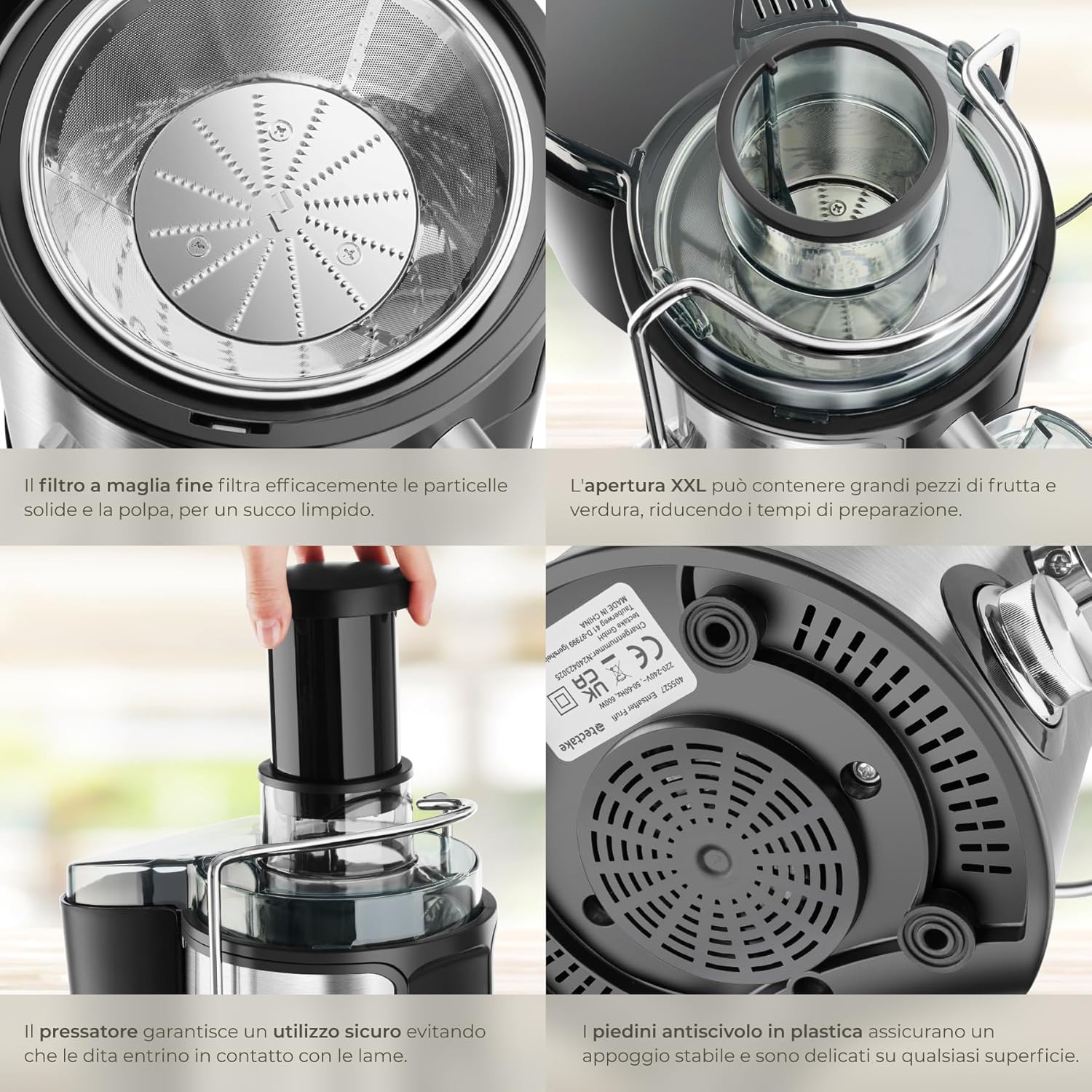 Жакын план views of the tectake juicer's filter, wide opening, food pusher, and non-slip feet