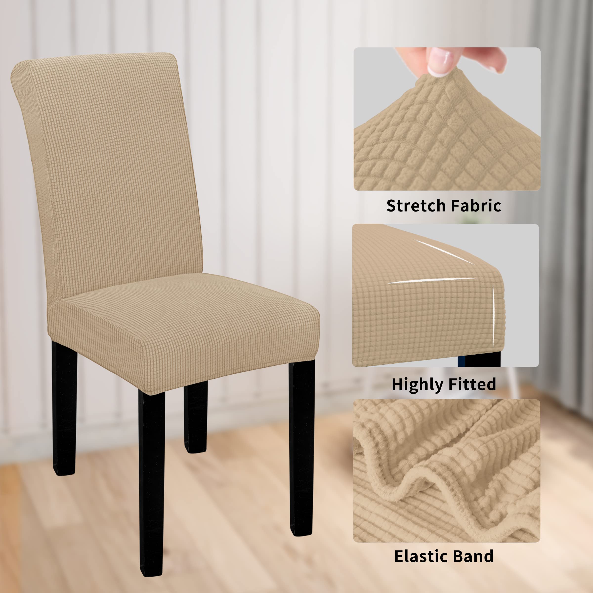 Easy-Going Set di 6 coprisedia 100% impermeabili per sala da pranzo, in tessuto jacquard elasticizzato, rimovibili e lavabili, per casa, ristorante, banchetti (XL, sabbia)