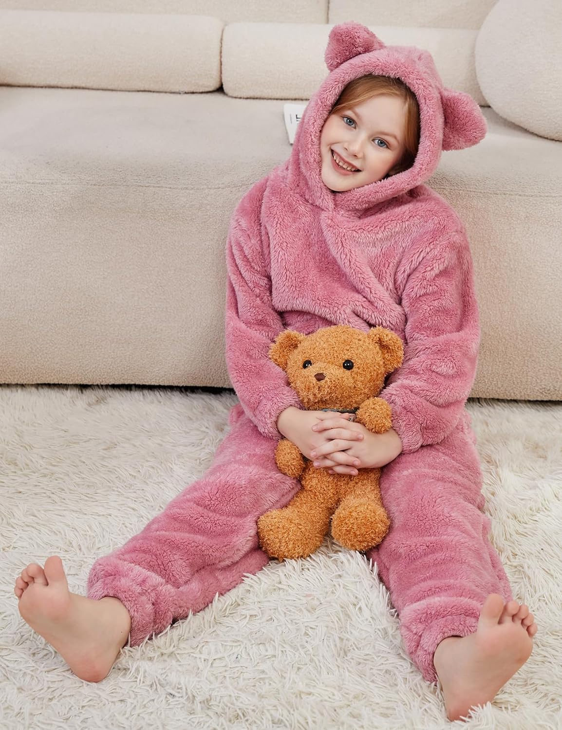 Girls Fuzzy Pants Set Fluffy 2 Piece Outfits Bear Ear Hoodie Sweatshirt Fleece Sweatsuit Kids Clothing Sets - Image 4