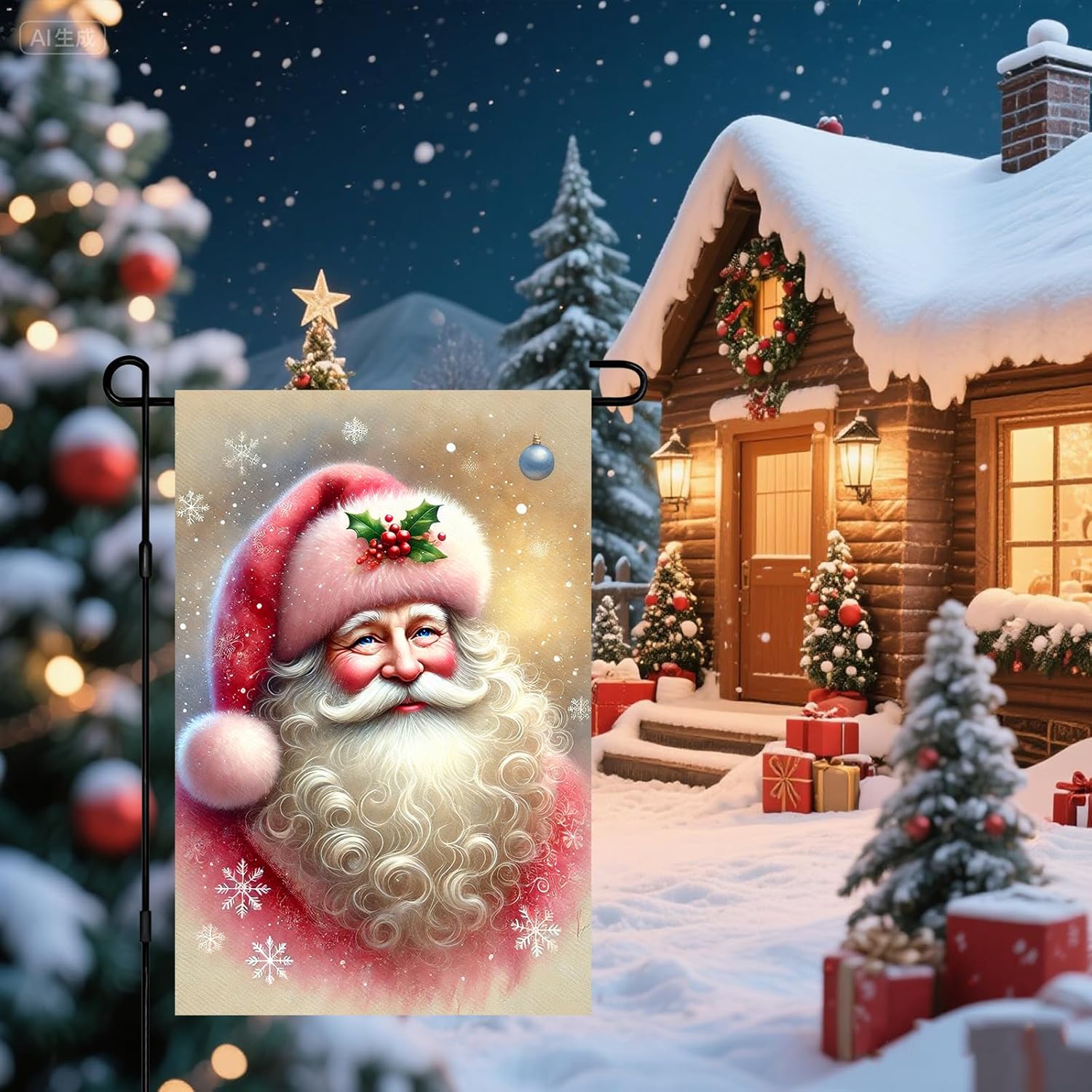 Merry Christmas Garden Flag Pink Winter Portrait of Santa Claus Holly Festive Decor Flag 12x18 Inch Double Sided For Front Porch Lawn Patio Seasonal Home Decor For Outside - Image 7