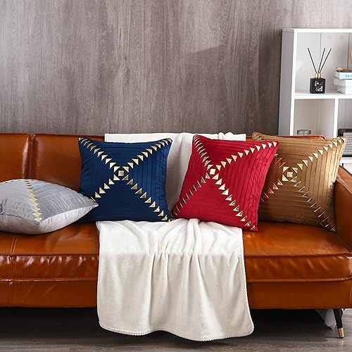 Miniatura 6 de Tosleo Juego de 2 fundas de almohada de terciopelo azul marino de 18 x 18 pulgadas, fundas de almohada doradas suaves y decorativas de lujo, fundas