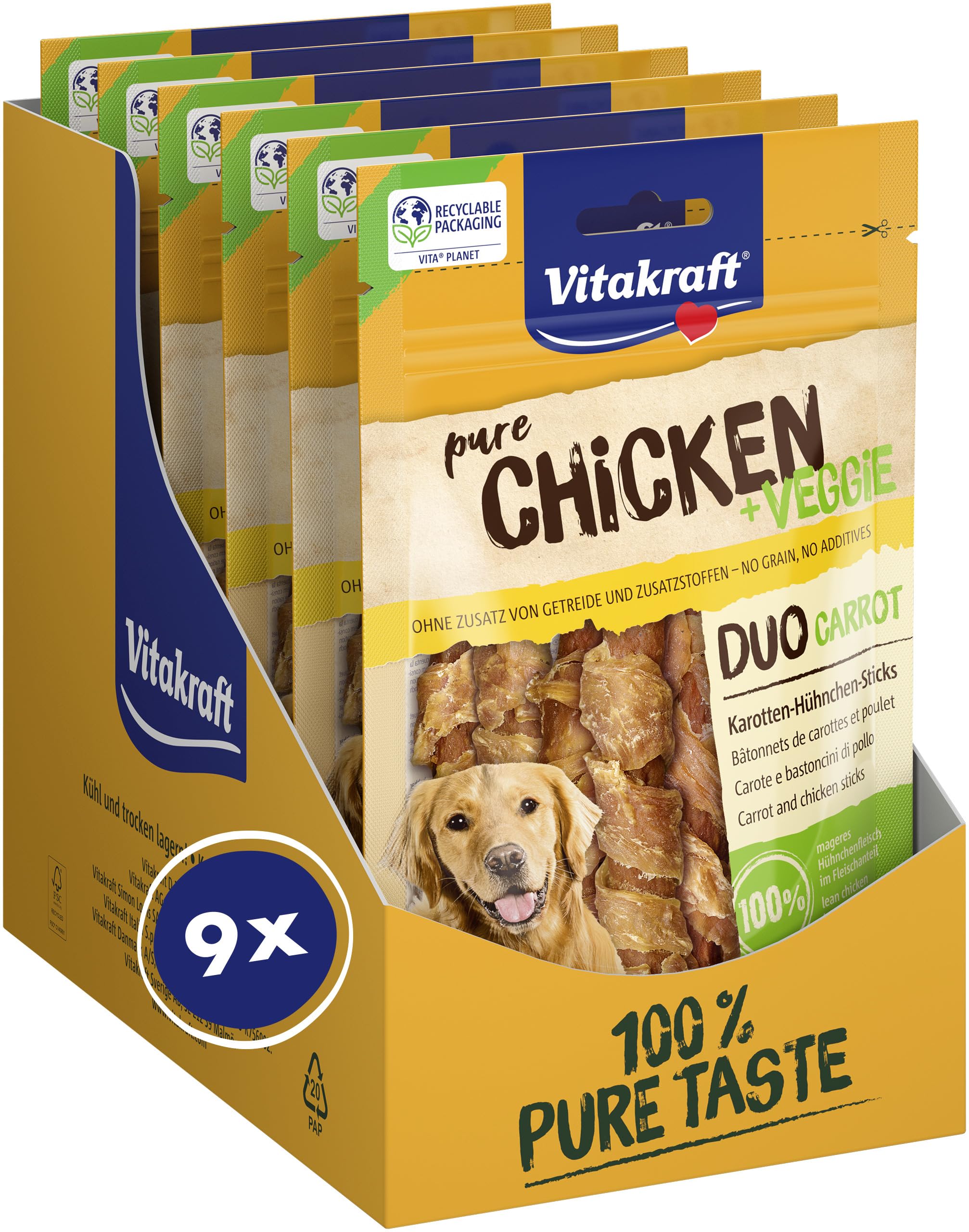 Vitakraft Pure Chicken Veggie, Hundeleckerli, Sticks mit Hühnchen und Karotte, Hunde Trainingsleckerli, ohne Zusatz von Zucker (9x 80g)