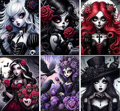DAZZLEDOTS Kits de arte de diamantes para adultos, paquete de 6 kits de pintura de diamantes de chica gótica para principiantes, princesa, redondos,