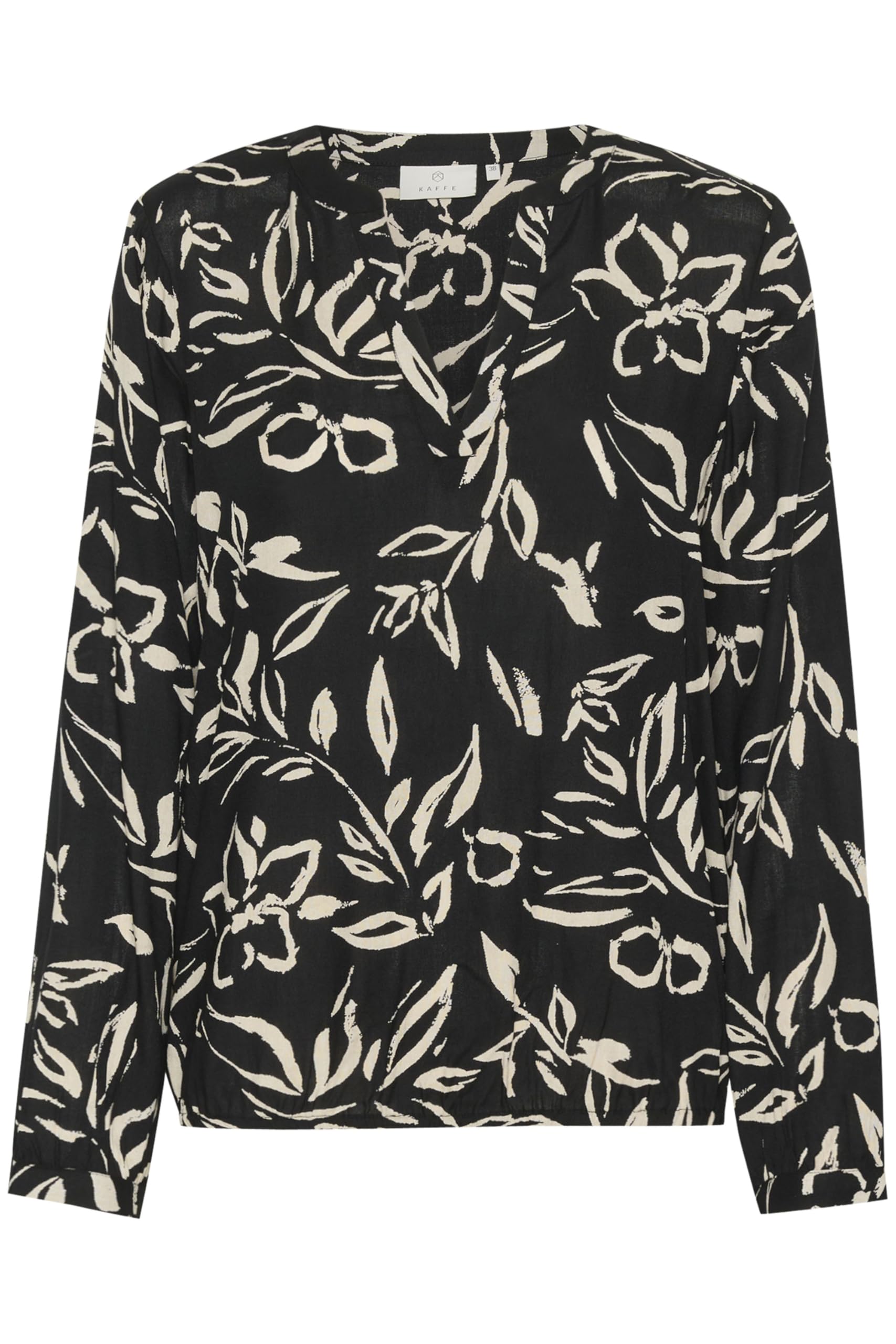 Kaffe Women's Black/Sand Painted Flower Blouse Loose Fit Long Sleeves V-Notch Neck Printed Top Elastic Hem, 8 (Xs)