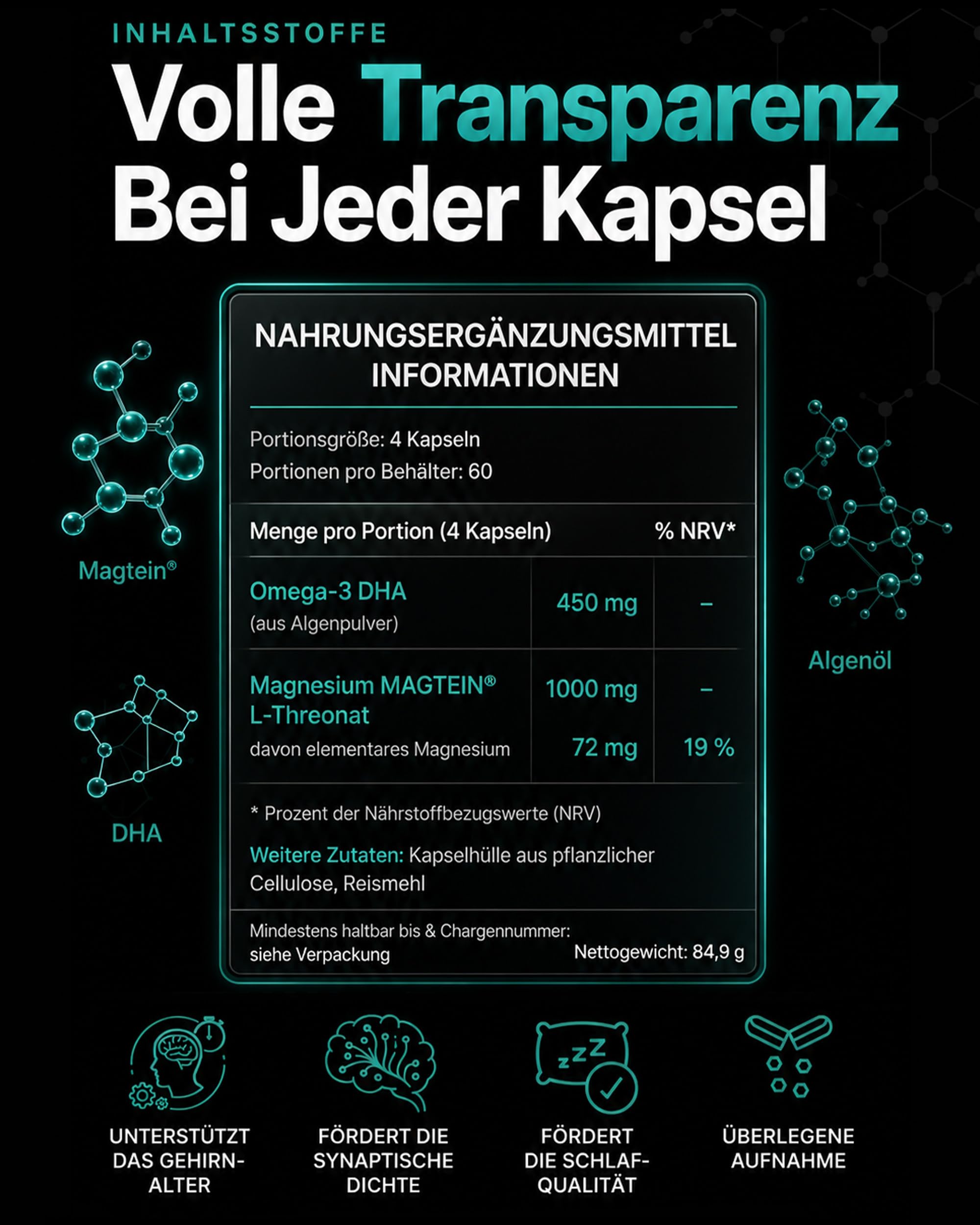 MindBoss Omega-3 DHA Vegan + Magtein Magnesium L-Threonat - Gehirn & Kognition Supplement - Algen-Quelle - ISO 17025 Geprüft - 120 Kapseln