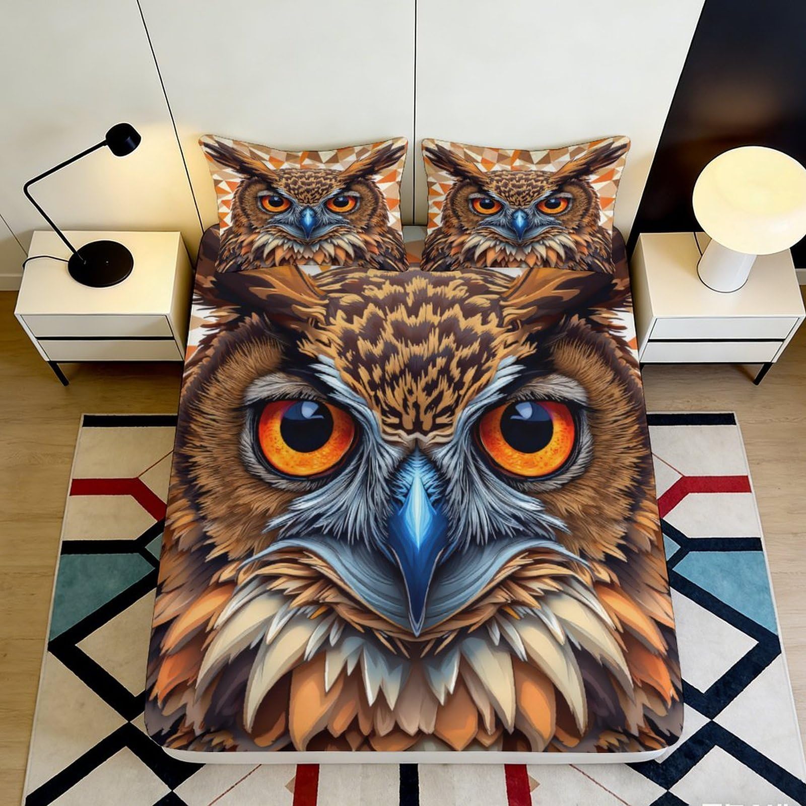 3D Printed Owl Eyes Fitted Sheet Microfiber Soft Brown Feather Bed Cover for Bedroom Dorm Mattress Protection Decor 90x200x25cm