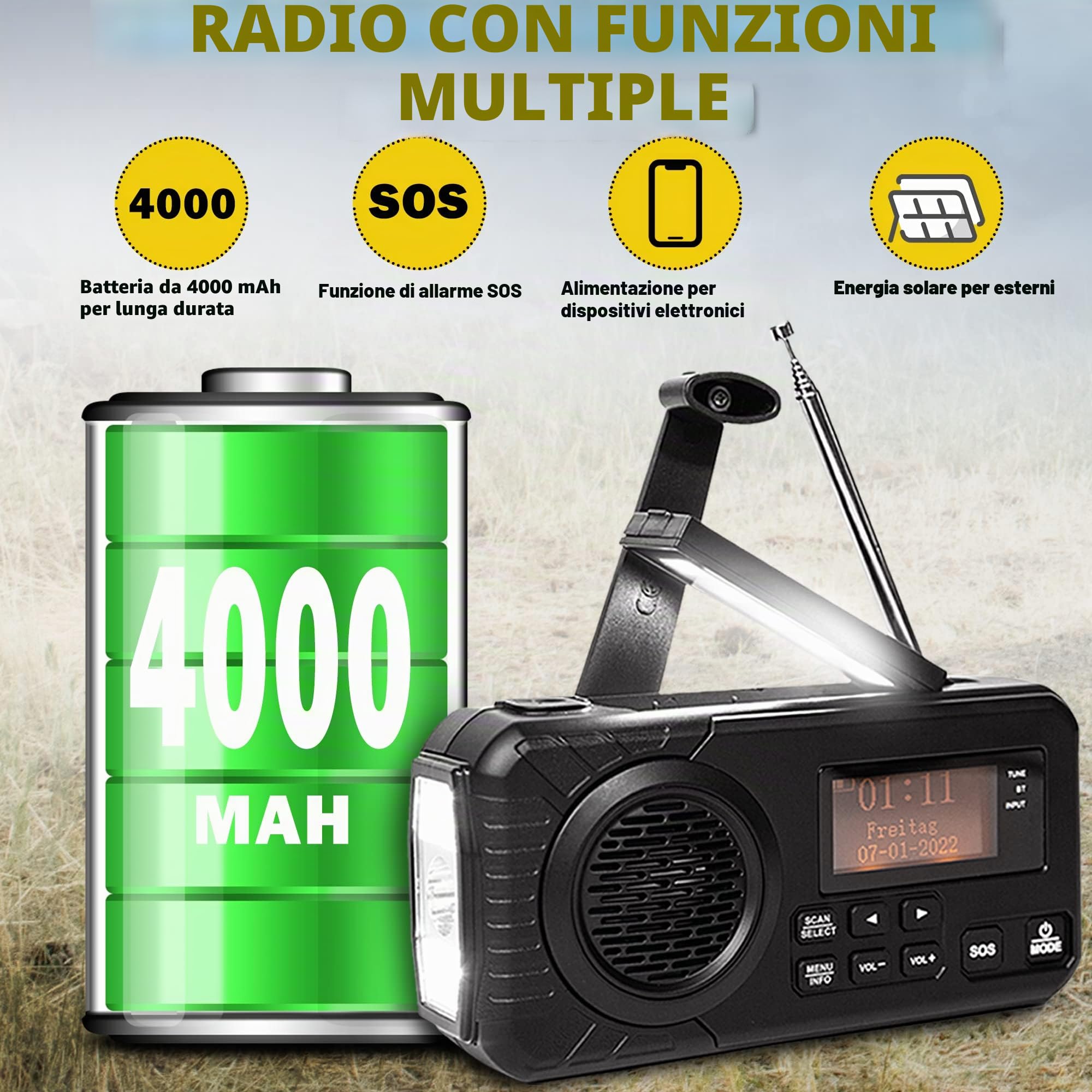 Radio Digitale DAB/FM Batteria da 4000mAh Radio di Emergenza Solare con Funzione di Ricarica Mobile USB Radio da Campeggio con Torcia a LED Lampada da Lettura Allarme SOS Manovella Portatile