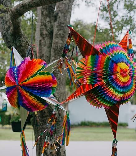 Miniatura 8 de TexMex Fun Stuff - Piña grande, piñata de estrella mexicana, piñata hecha a mano, arco iris, multicolor con 5 conos rojos, plegable con cuerda de 30