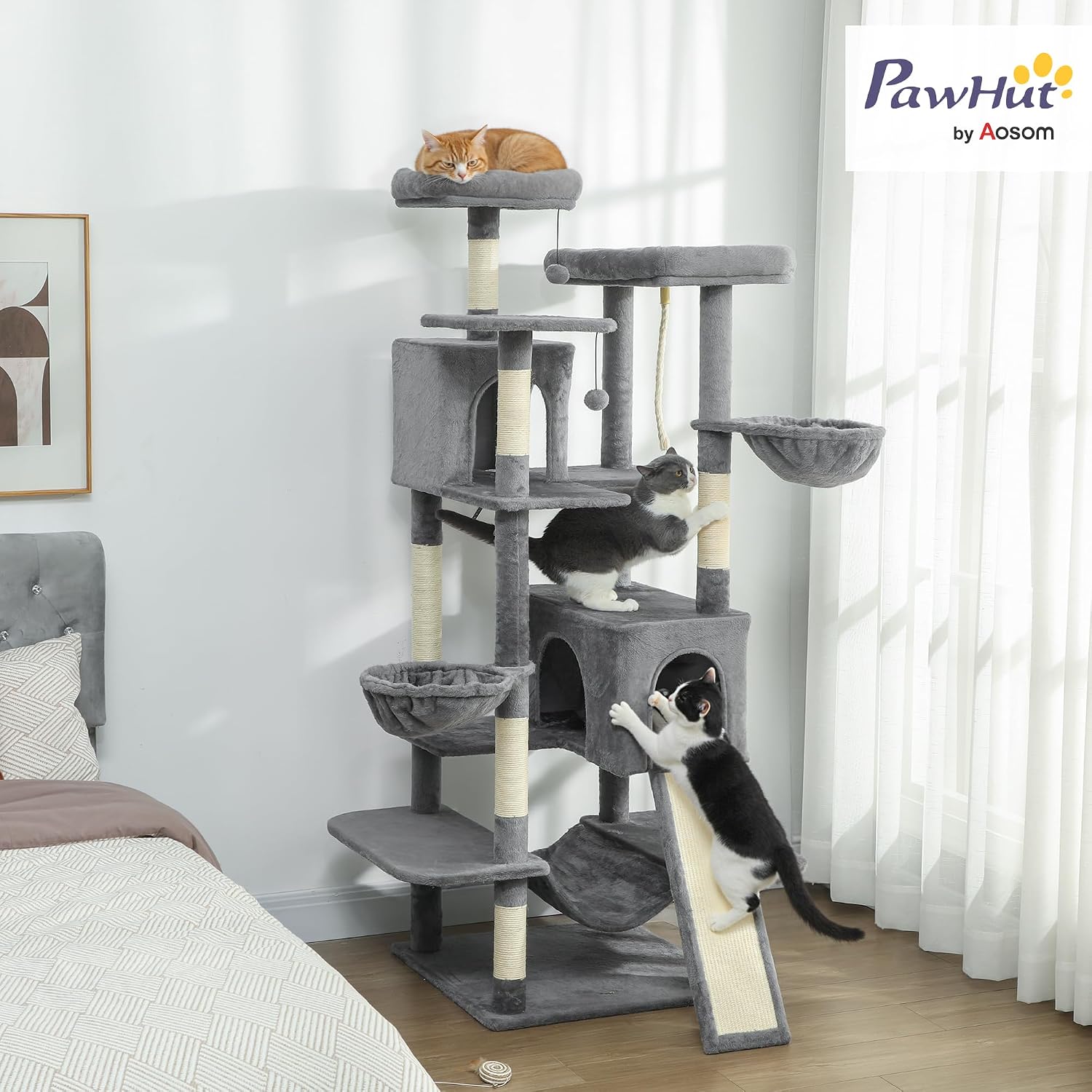 PawHut Flower Cat Tree, 69" Large Cat Tower for Indoor Kittens with 2 Spacious Condos, Sisal Scratching Posts, 2 Hanging Balls, Perches, Ramp, Bed, Dark Gray