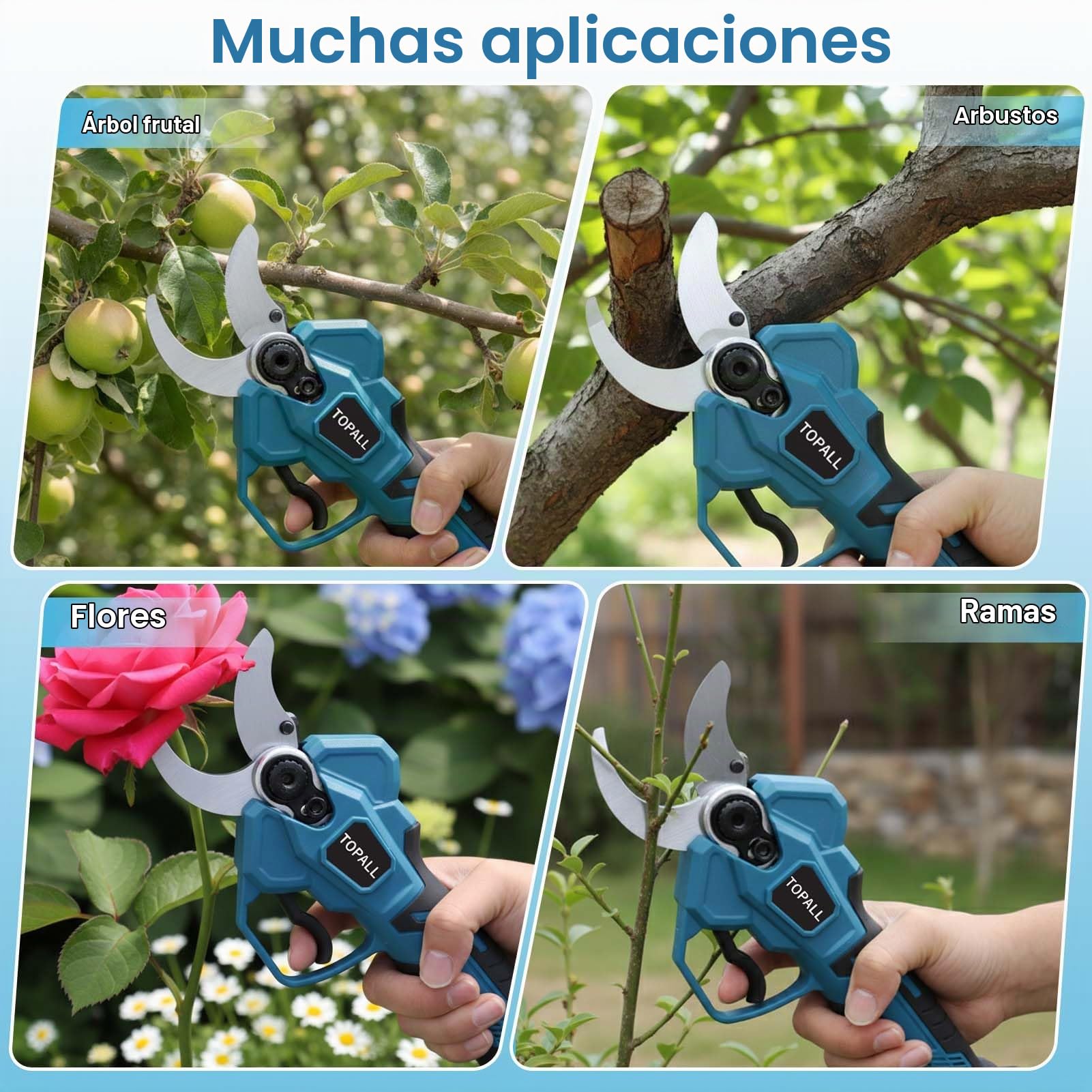 TOPALL Tijeras de Podar Electricas,40MM Tijeras de Podar Bateria, Profesionales Podadora Electrica con 2x4000mAh | 800W Motor Sin Escobillas | Pantalla LCD para Árboles,Huertos,Jardinería
