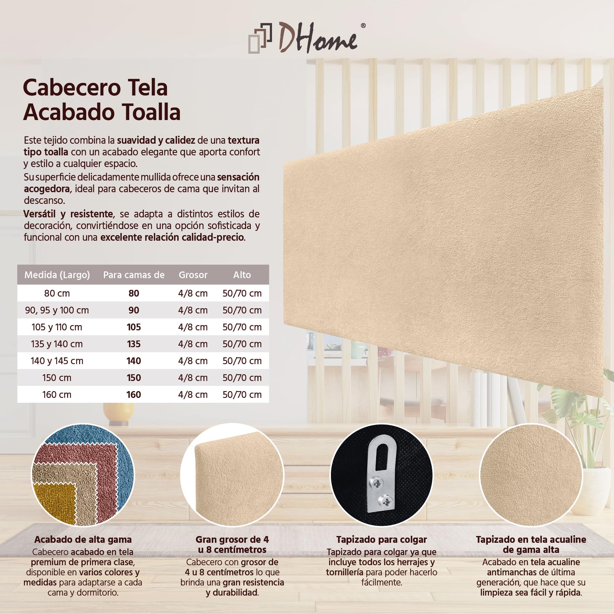 DHOME Cabecero Acabado Toalla Soft Tapizado Liso Tejido Suave para Pared Acústicos Cabeceros Absorbentes Cabezal Cama Dormitorio (90cm, 4cm - 50 Al., Beige)