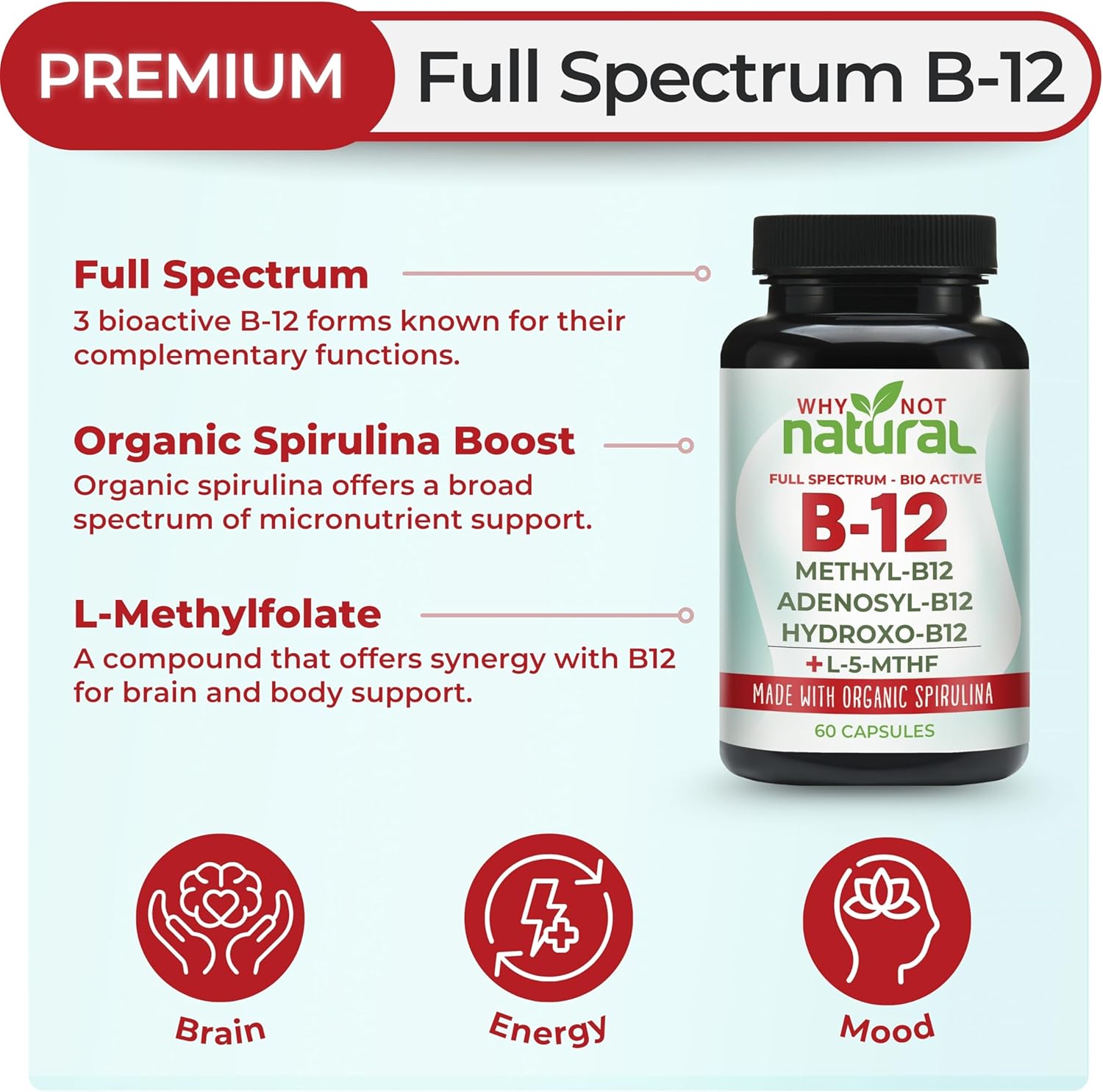 Why Not Natural Vitamin B12 5000 mcg Supplement with Methylcobalamin, Adenosylcobalamin and Hydroxy B12 Complex with Methylfolate 1000 mcg, L-5-MTHF, Made with Organic Spirulina
