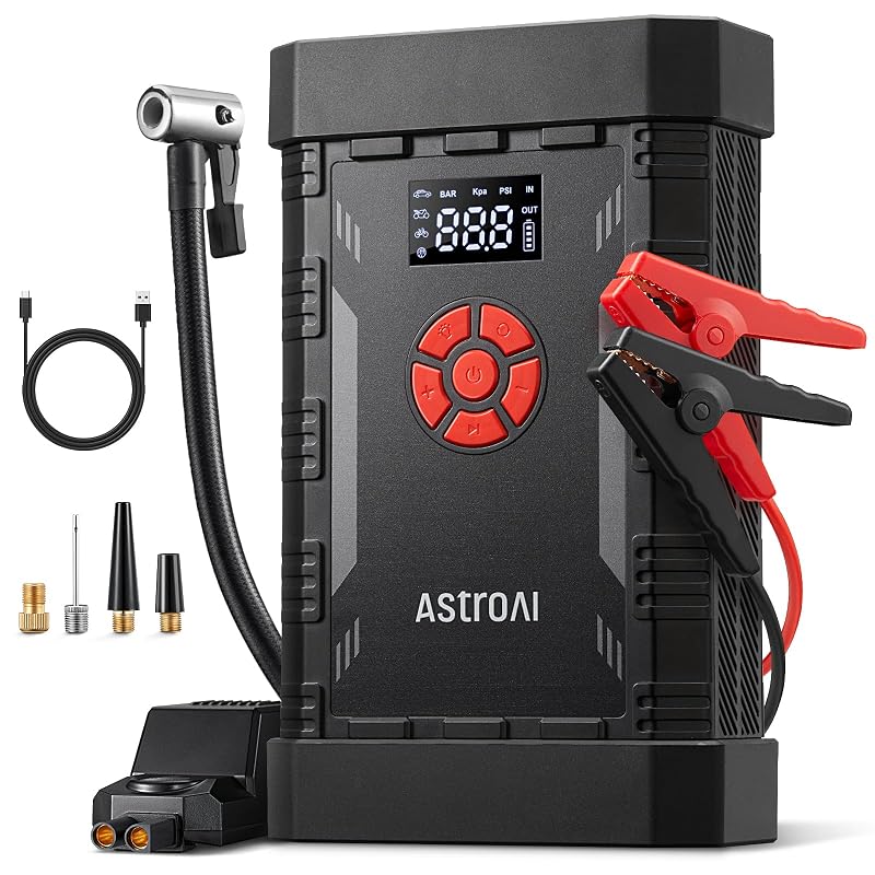 Auxiliar de Partida AstroAI A30 4000 A com Compressor de Ar, Inflador de Pneus 150 PSI, Power Bank e Lanterna LED 12 V